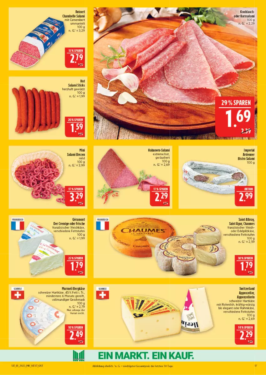 Aktueller Prospekt Marktkauf - Prospekt - von 05.10 bis 11.10.2025 - strona 17 - produkty: albray, appenzeller, Bergkäse, camembert, chaumes, eis, elle, französischer weichkäse, gewürz, hartkäse, Käse, knoblauch, korn, mac, Mantel, milch, nero, reinert, reis, Ria, Saint Agur, saint albray, salami, schweizer hartkäse, Ti, weichkäse, ZTE