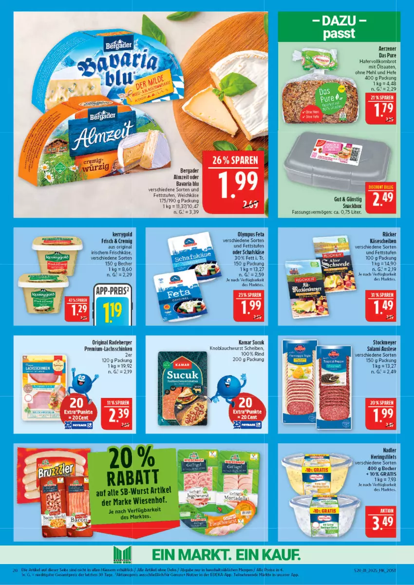Aktueller Prospekt Marktkauf - Prospekt - von 05.10 bis 11.10.2025 - strona 20 - produkty: aktionspreis, bavaria blu, Becher, bergader, Berger, brot, deka, discount, eis, feta, filet, filets, frischkäse, gin, hafer, Hefe, hering, Herings, heringsfilets, Käse, käsescheiben, kerrygold, knoblauch, lachs, lachsschinken, mehl, nadler, radeberger, reis, Ria, rind, ring, salami, schafskäse, schinken, snack, stockmeyer, Sucuk, Ti, weichkäse, wiesenhof, wurst, ZTE