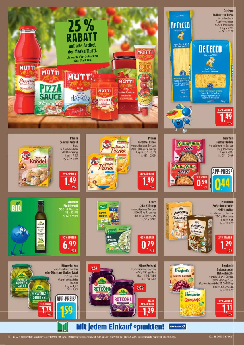 Aktueller Prospekt Marktkauf - Prospekt - von 05.10 bis 11.10.2025 - strona 22 - produkty: aktionspreis, beutel, bonduelle, bonduelle goldmais, De Cecco, deka, ecco, eis, elle, früchte, Goldmais, goldmais oder, gurke, gurken, hülsenfrüchte, italienische pasta, kartoffel, Knödel, knorr, kochbeutel, Kühne, mais, mehl, mondamin, nudel, nudeln, nuss, pasta, pfanni, püree, reis, rotkohl, salat, Semmel, senf, Soße, Ti, Yum Yum, ZTE