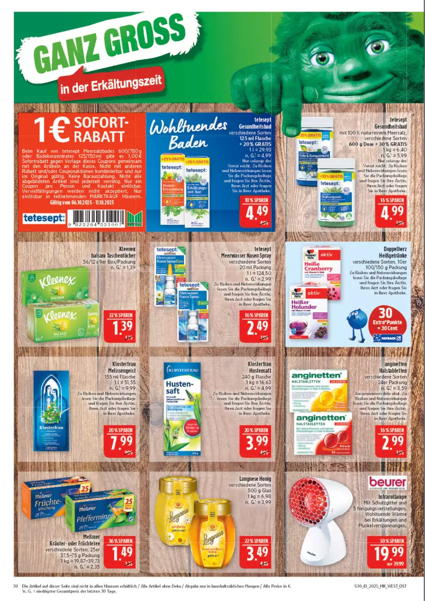 Aktueller Prospekt Marktkauf - Prospekt - von 05.10 bis 11.10.2025 - strona 30 - produkty: Apotheke, Bad, doppelherz, eis, flasche, früchte, Früchtetee, Gesundheit, getränk, getränke, gin, honig, ilag, Infrarotlampe, Kraut, Lampe, langnese, meersalz, Meerwasser, Meßmer, natur, reis, saft, salz, tablet, tablett, Tablette, Tasche, taschen, taschentücher, tee, Ti, tücher, wasser, ZTE