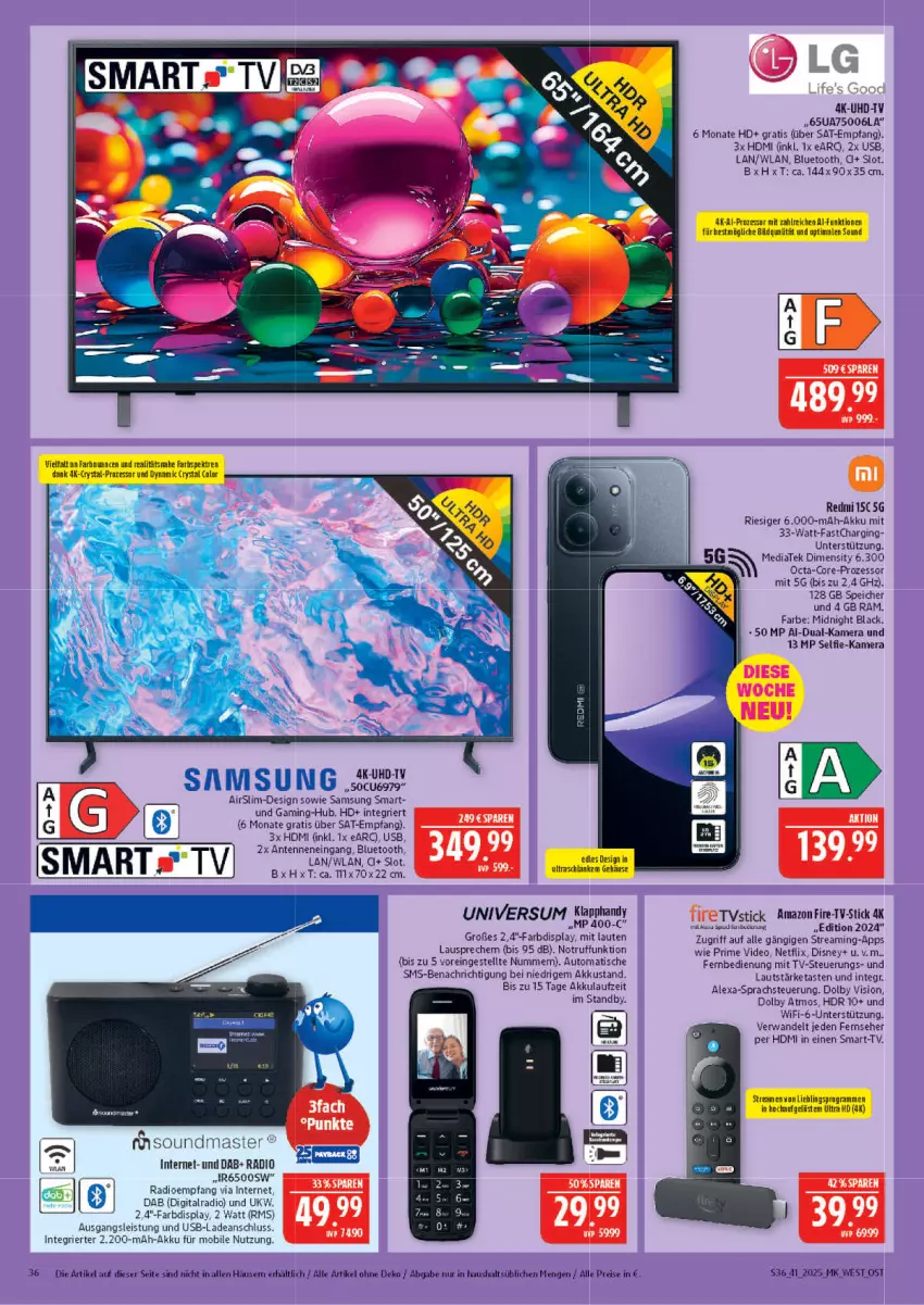 Aktueller Prospekt Marktkauf - Prospekt - von 05.10 bis 11.10.2025 - strona 36 - produkty: akku, alexa, auto, deo, disney, eis, fernbedienung, fernseher, gin, HDMI, kamera, lack, netflix, Nuance, Radio, reis, Samsung, Ti, tisch, uhd, UHD-TV, usb