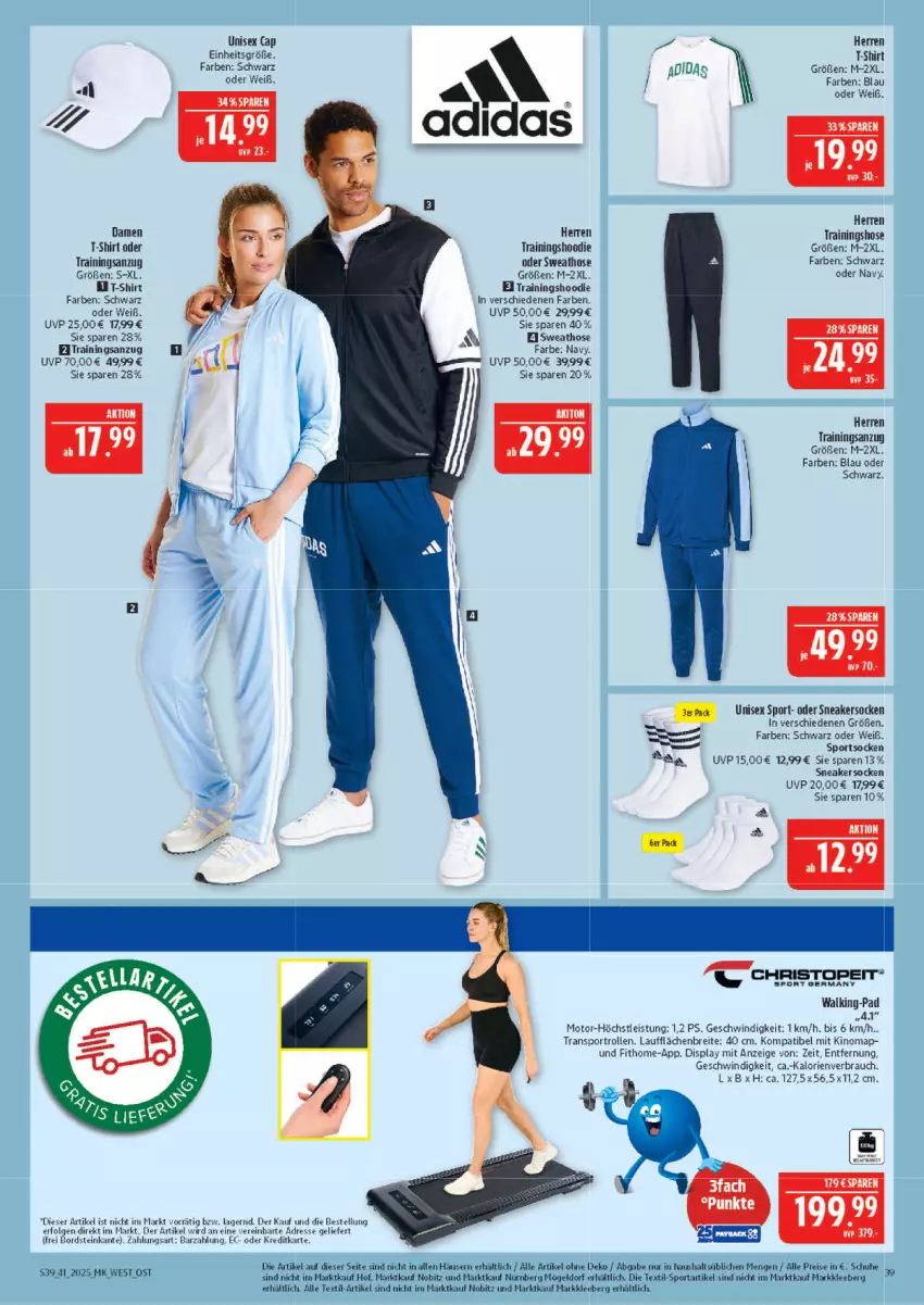 Aktueller Prospekt Marktkauf - Prospekt - von 05.10 bis 11.10.2025 - strona 39 - produkty: Adidas, Anzug, Brei, Cap, damen t-shirt, eis, hose, LG, Rauch, reis, schuhe, shirt, sneaker, sneakersocken, socken, Sport, sportsocken, Sweathose, T-Shirt, Ti, trainingsanzug, Trainingshose