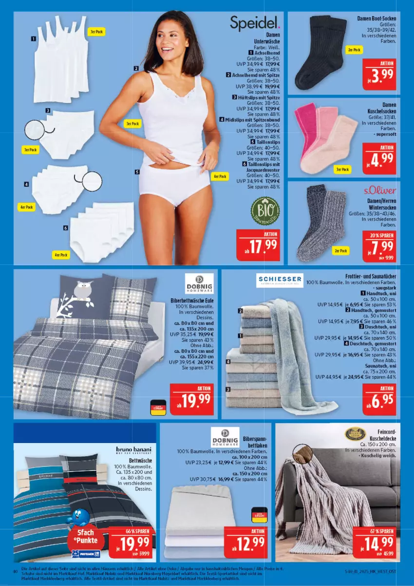 Aktueller Prospekt Marktkauf - Prospekt - von 05.10 bis 11.10.2025 - strona 40 - produkty: achselhemd, Bau, baumwolle, bett, bettwäsche, decke, duschtuch, eis, elle, handtuch, hemd, kuscheldecke, Kuschelsocken, reis, Saunatuch, schuhe, slip, slips, socken, speidel, Sport, Taillenslip, tesa, Ti, tuc, tücher, Unterwäsche, Wintersocken, wolle