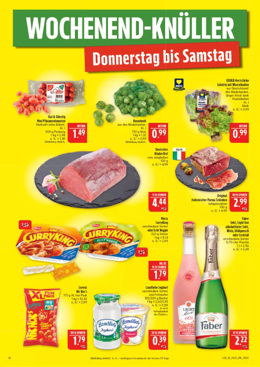 Aktueller Prospekt Marktkauf - Prospekt - von 05.10 bis 11.10.2025 - strona 42 - produkty: alkohol, ball, Becher, cocktail, curry, deka, eier, eis, filet, flasche, gin, HP, joghur, joghurt, jungbullen, landliebe, landliebe joghurt, lorenz, nic nac's, pflaume, pflaumen, reis, rind, rinder, rinderfilet, rosen, Rosenkohl, salat, Schal, Schale, schinken, sekt, Ti, tomate, tomaten, veggie, wein, ZTE
