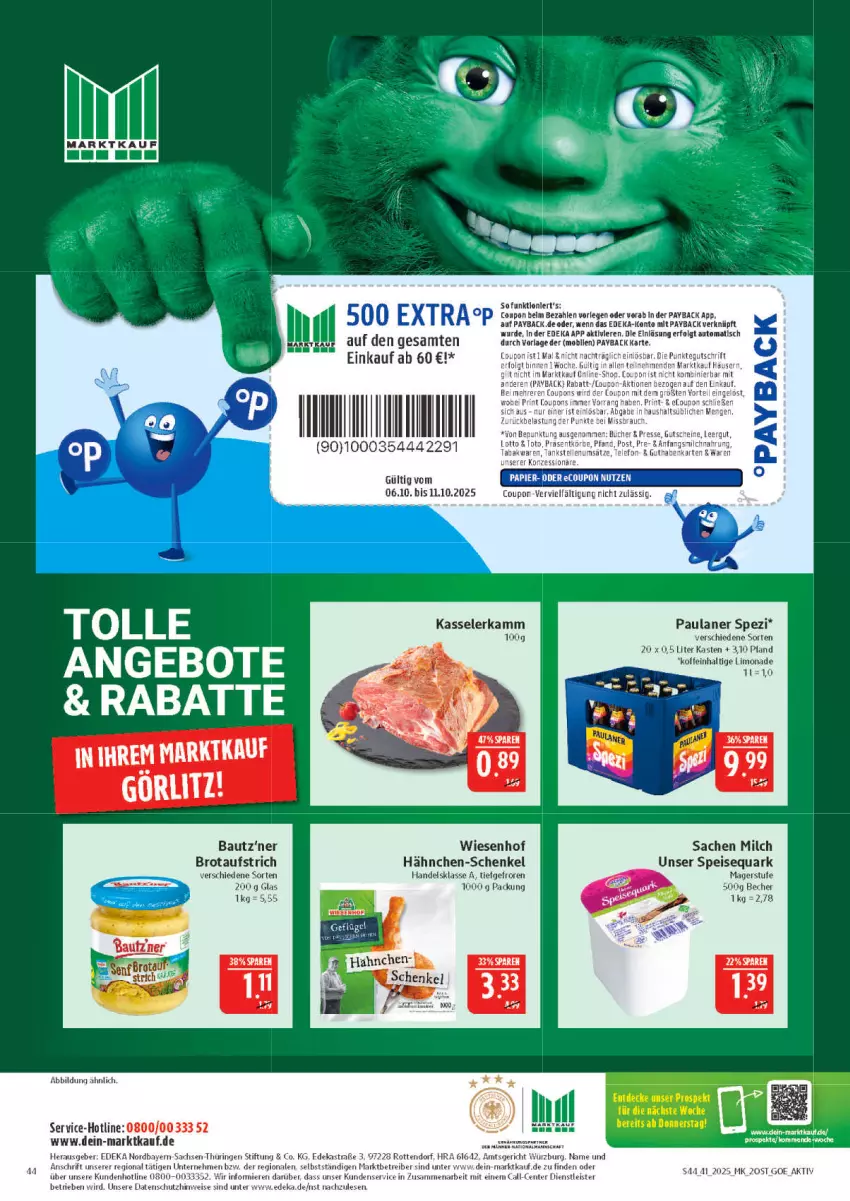 Aktueller Prospekt Marktkauf - Prospekt - von 05.10 bis 11.10.2025 - strona 44 - produkty: angebot, angebote, Astra, aufstrich, Bau, Becher, brot, brotaufstrich, deka, eier, eis, ente, hähnchen-schenkel, henkel, limo, limonade, milch, Paula, paulaner, quark, ring, sac, schenkel, speisequark, Spezi, Ti, wiesenhof