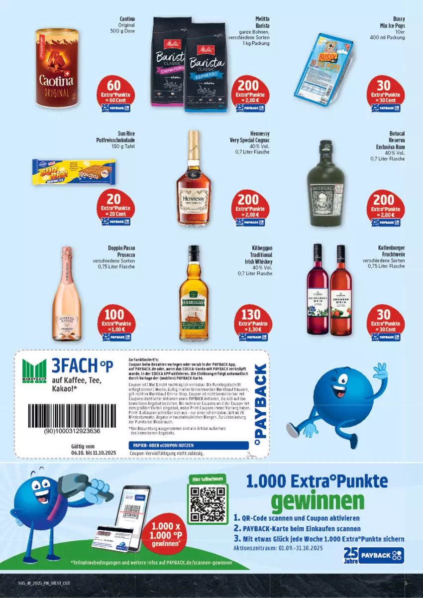 Aktueller Prospekt Marktkauf - Prospekt - von 05.10 bis 11.10.2025 - strona 5 - produkty: angebot, auto, bohne, bohnen, burger, Cognac, coupon, coupons, deka, doppio passo, ecco, eis, Eisschokolade, flasche, frucht, gin, irish whiskey, kaffee, kakao, katlenburger, kilbeggan, LG, melitta, passo, payback, prosecco, reis, reiss, rum, schoko, schokolade, tee, Ti, tisch, tuc, wein, whiskey, Yo