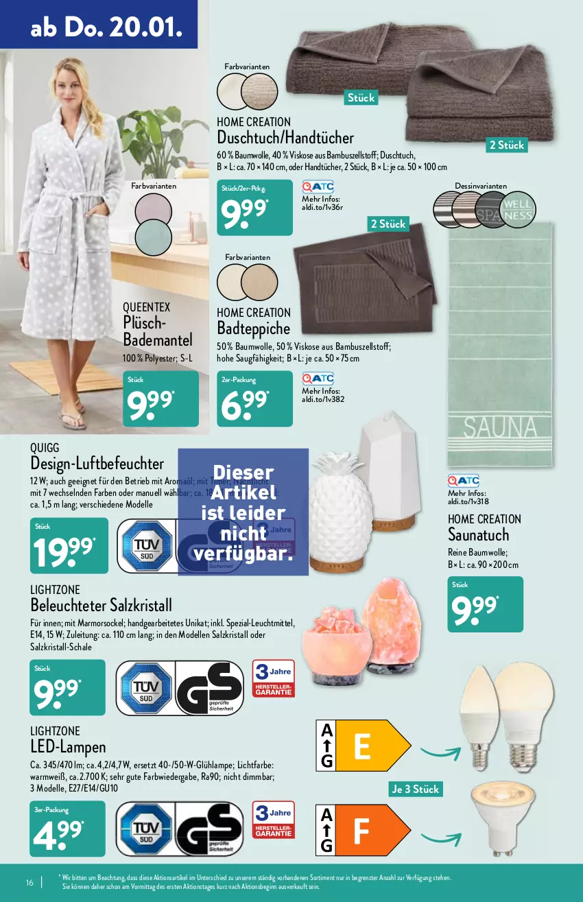 Aktueller Prospekt Aldi Nord - Aldi-Aktuell - von 17.01 bis 22.01.2022 - strona 16 - produkty: aldi, Bad, Bademantel, badteppich, bambus, Bau, baumwolle, dell, duschtuch, elle, ente, gin, handtücher, Lampe, Leuchte, leuchtmittel, lightzone, Luftbefeuchter, Mantel, Mode, Nachtlicht, Plüsch, Queentex, quigg, reine baumwolle, Ria, salz, Saunatuch, Schal, Schale, Spezi, teppich, teppiche, Ti, timer, tuc, tücher, wolle, ZTE