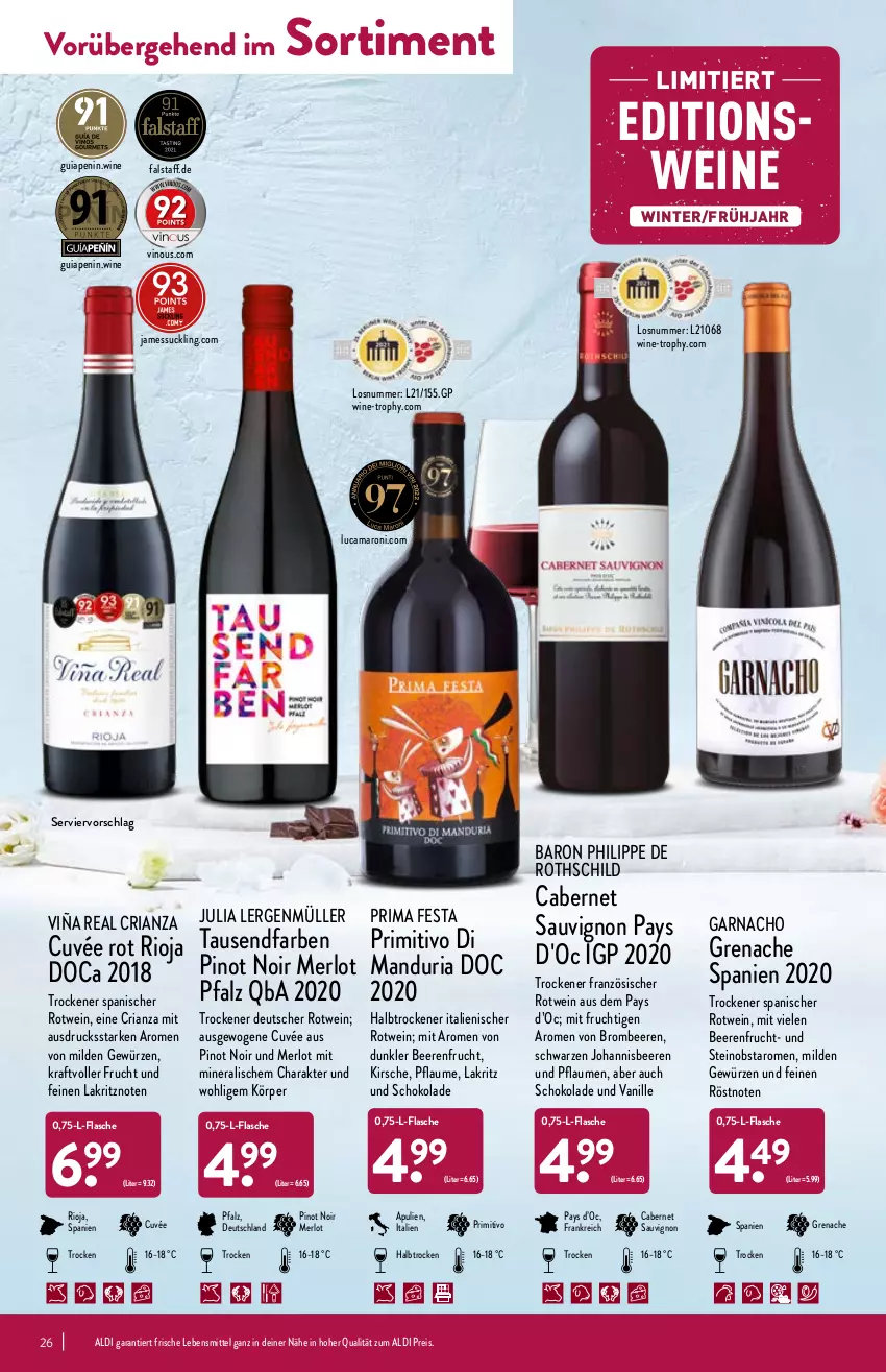 Aktueller Prospekt Aldi Nord - Aldi-Aktuell - von 17.01 bis 22.01.2022 - strona 26 - produkty: aldi, amaro, beere, beeren, brombeere, brombeeren, cabernet, cabernet sauvignon, cuvée, eis, flasche, frucht, gewürz, johannisbeere, Johannisbeeren, kirsch, kirsche, kraft, Lakritz, lebensmittel, merl, merlot, mit frucht, Müller, nacho, obst, pflaume, pflaumen, Pinot, pinot noir, primitivo, reis, Ria, rioja, rotwein, sauvignon, schoko, schokolade, Ti, vanille, wein, weine