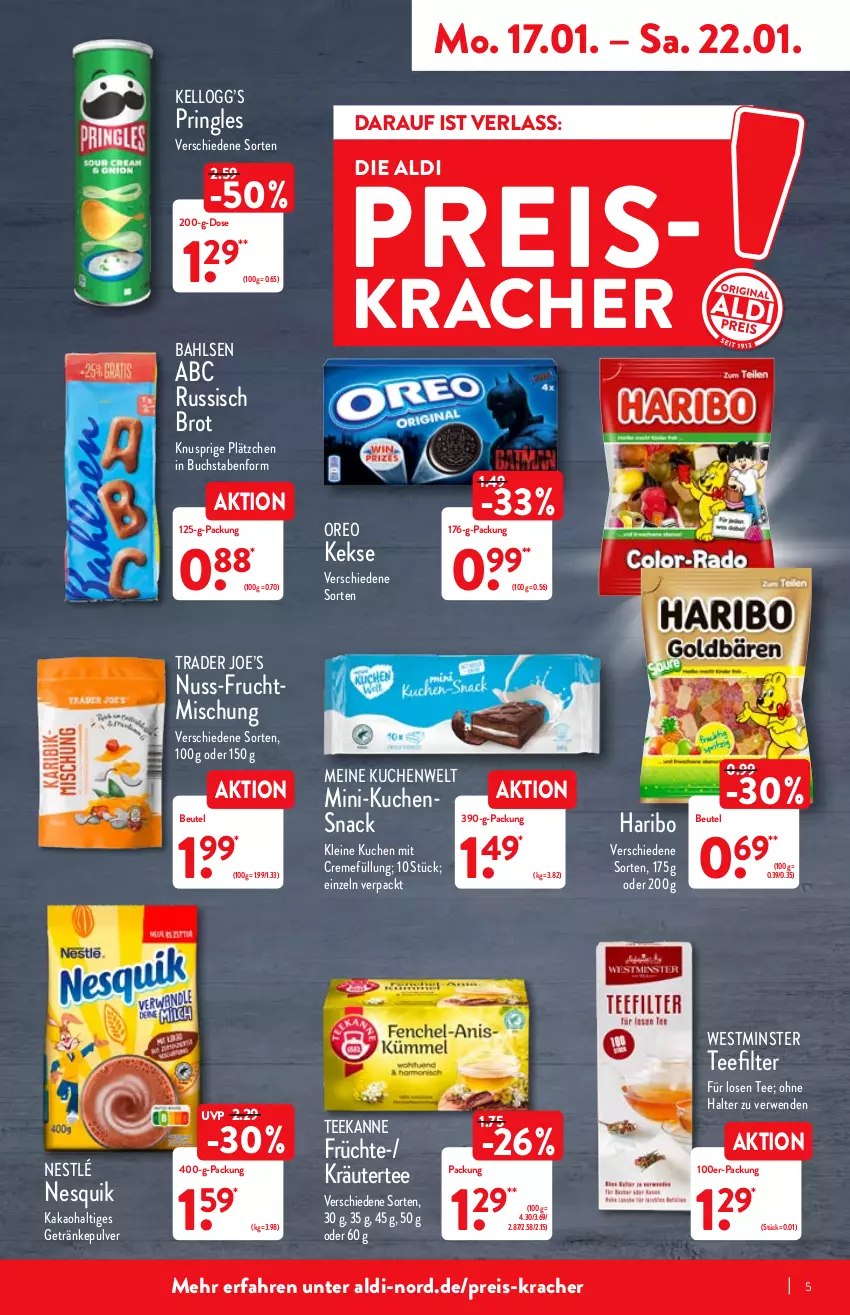 Aktueller Prospekt Aldi Nord - Aldi-Aktuell - von 17.01 bis 22.01.2022 - strona 5 - produkty: aldi, bahlsen, beutel, brot, buch, creme, eis, frucht, früchte, getränk, getränke, getränkepulver, haribo, kakao, keks, kekse, kracher, kräuter, kuchen, Lätzche, leine, nesquik, nestlé, nuss, oreo, pringles, reis, ring, russisch brot, rwe, snack, tee, teekanne, Ti