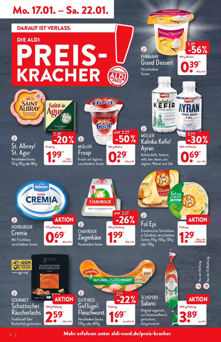 Aktueller Prospekt Aldi Nord - Aldi-Aktuell - von 17.01 bis 22.01.2022 - strona 6 - produkty: albray, aldi, aus der tiefkühlung, Ayran, Becher, buch, burger, chavroux, dessert, ehrmann, Ehrmann Grand Dessert, eis, flasche, fleisch, fleischwurst, fol epi, frischkäse, froop, frucht, Geflügel, gin, gutfried, Holz, joghur, joghurt, Käse, Kefir, kracher, lachs, Müller, müller froop, Räucherlachs, reis, salami, salz, schnittkäse, schott, schwein, schweine, schweinefleisch, St. Albray, Ti, tisch, wasser, wein, weine, wurst, ziegenkäse