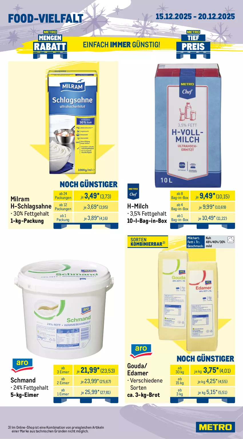 Aktueller Prospekt Metro - Wochen-Angebote Gastro - von 15.12 bis 20.12.2025 - strona 10 - produkty: angebot, aufschnitt, bag-in-box, Bau, beutel, brot, Brühwurst, edamer, eimer, eis, flakes, gorgonzola, gouda, grana, grana padano, mac, milch, milram, padano, Rana, reis, rind, sahne, schlagsahne, schmand, schnitten, Speck, Ti, wurst