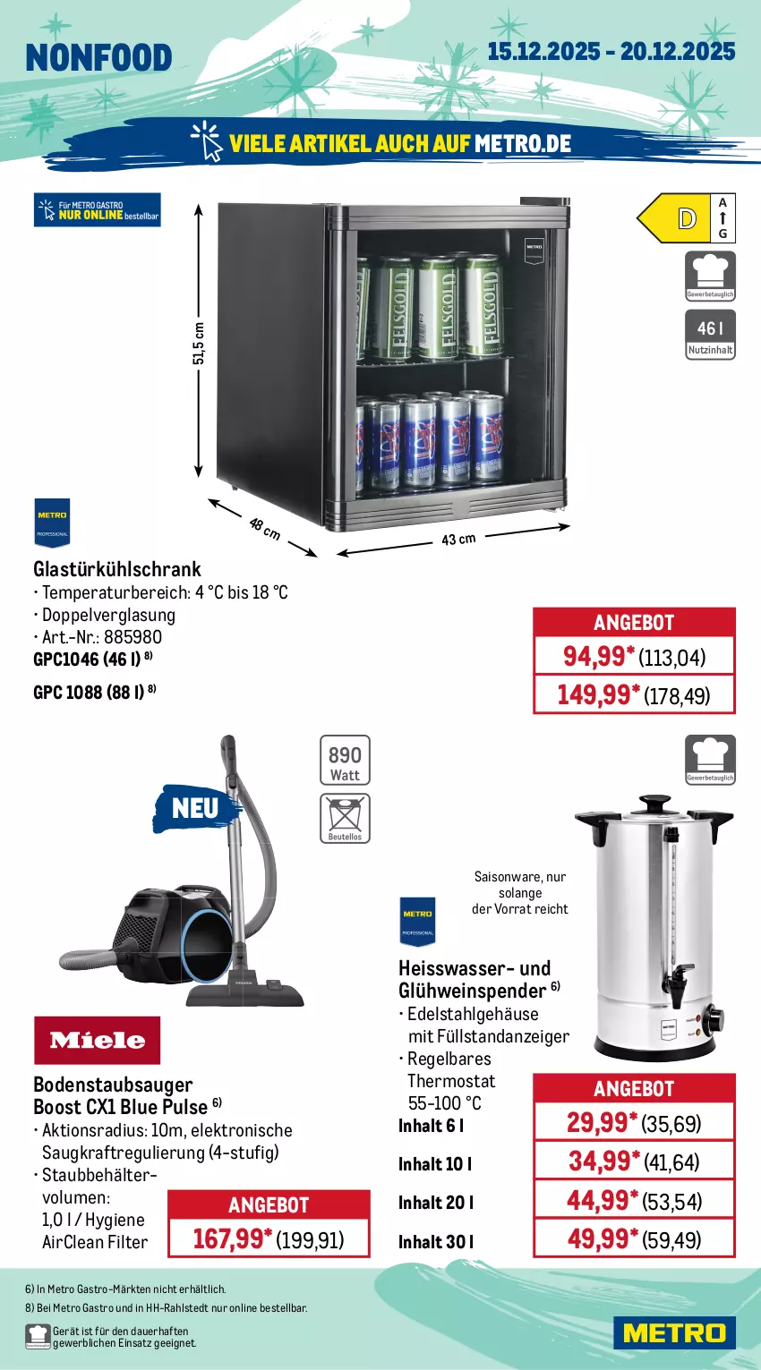 Aktueller Prospekt Metro - Wochen-Angebote Gastro - von 15.12 bis 20.12.2025 - strona 18 - produkty: angebot, auer, backofen, Becher, Behälter, bodenstaubsauger, edelstahl, eimer, eis, eiswürfel, Elektro, getränk, getränke, Glastür, Glühwein, kraft, kühlschrank, leimer, LG, Metro, metro gastro, Ofen, pfanne, Schrank, spülmaschinen, staubsauger, thermostat, Ti, wasser, wein, würfel