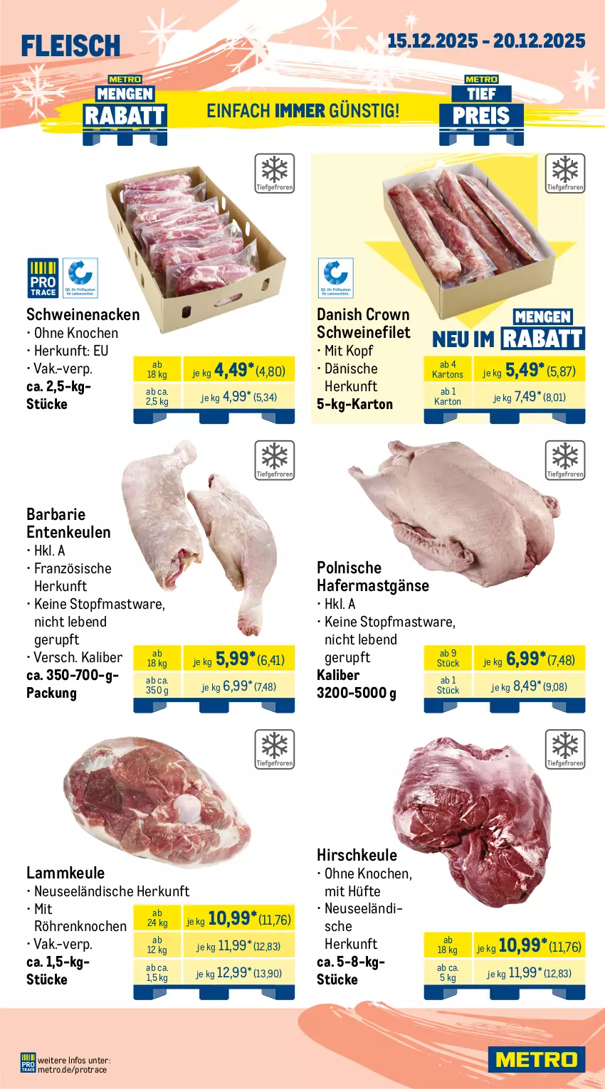 Aktueller Prospekt Metro - Wochen-Angebote Gastro - von 15.12 bis 20.12.2025 - strona 5 - produkty: angebot, brustfilet, eis, ente, Entenkeule, filet, fleisch, hafer, hähnchenbrust, hähnchenbrustfilet, Kette, lachs, lamm, lammkeule, Metro, rind, rinder, rinder-rouladen, rouladen, Schal, Schale, schwein, schweine, schweinefilet, Schweinelachs, schweinenacken, Ti, topf, wein, weine