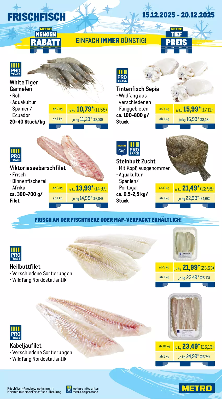 Aktueller Prospekt Metro - Wochen-Angebote Gastro - von 15.12 bis 20.12.2025 - strona 6 - produkty: Abtei, angebot, angebote, aqua, eis, filet, fisch, fische, Fischer, fischtheke, frischfisch, garnelen, Heilbuttfilet, kabeljaufilet, lachs, Metro, Räucherlachs, reis, Ria, Schere, terrine, Ti, tiefpreis, Wild, wildlachs