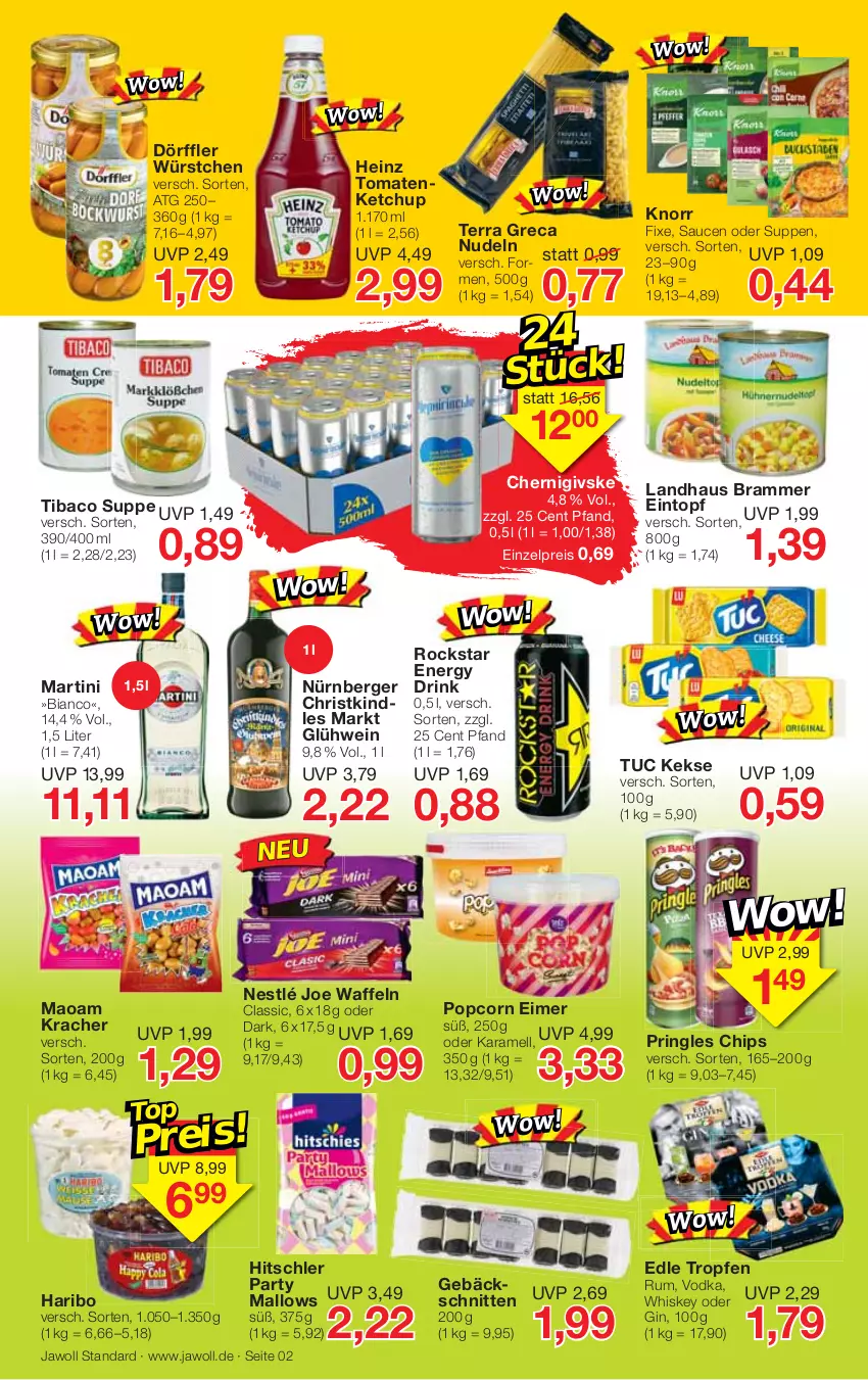 Aktueller Prospekt Jawoll - Prospekte - von 22.01 bis 28.01.2023 - strona 2 - produkty: Berger, chips, drink, eimer, eintopf, eis, gin, Glühwein, haribo, heinz, hitschler, karamell, keks, kekse, ketchup, knorr, kracher, maoam, martini, nestlé, nudel, nudeln, nürnberger, popcorn, pringles, reis, ring, Rockstar, rum, sauce, saucen, schnitten, suppe, suppen, Ti, tomate, tomaten, tomatenketchup, topf, tuc, vodka, waffeln, wein, whiskey, würstchen