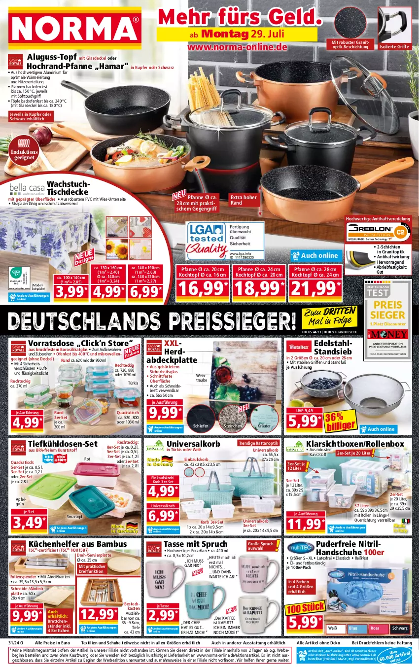 Aktueller Prospekt Norma - Norma - von 29.07 bis 05.08.2024 - strona 1 - produkty: apfel, asti, backofen, bambus, Bebe, besteck, Brei, Brettchen, brie, decke, Deckel, dell, edelstahl, einkaufskorb, eis, elle, gin, Glasdeckel, hama, handschuhe, Heu, kaffee, Klarsichtbox, Kochtopf, korb, kräuter, küche, Küchen, Küchenhelfer, latte, LG, mac, mikrowelle, Mode, ndk, Ofen, pfanne, quad, reis, reiss, Rollenbox, rwe, schneidebrett, schuhe, Spiele, tasse, Ti, tisch, tischdecke, topf, tuc, wachstuch, wein