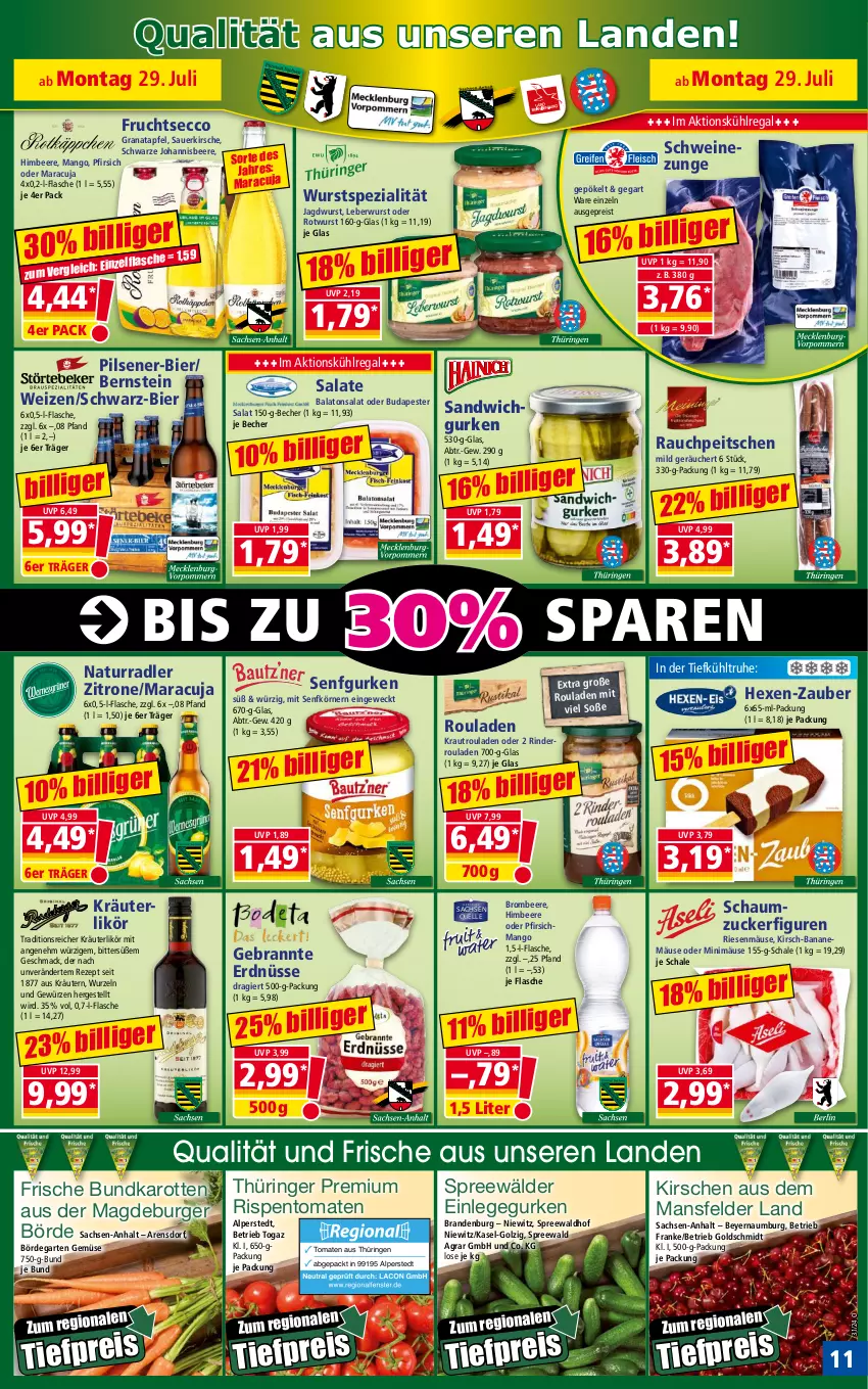 Aktueller Prospekt Norma - Norma - von 29.07 bis 05.08.2024 - strona 11 - produkty: apfel, auer, Balaton, banane, Becher, beere, bier, brombeere, burger, ecco, eis, elle, erdnüsse, flasche, frucht, fruchtsecco, Garten, Gebrannte Erdnüsse, gewürz, grana, granatapfel, gurke, gurken, himbeer, himbeere, HP, jagdwurst, johannisbeere, karotten, kirsch, kirsche, kirschen, Kraut, kräuter, kräutern, kühlregal, leberwurst, LG, likör, mac, mango, maracuja, natur, ndk, pfirsich, pils, pilsener, radler, Rana, Rauch, regal, reis, rezept, rind, rinder, Rinderroulade, rinderrouladen, ring, rispentomaten, Rotwurst, rouladen, sac, salat, salate, sandwich, Schal, Schale, Schaumzucker, schwein, schweine, Schweinezunge, senf, Soße, Spezi, spreewälder, spreewaldhof, Ti, tiefpreis, tomate, tomaten, weck, wein, weine, wurst, zitrone, zucker