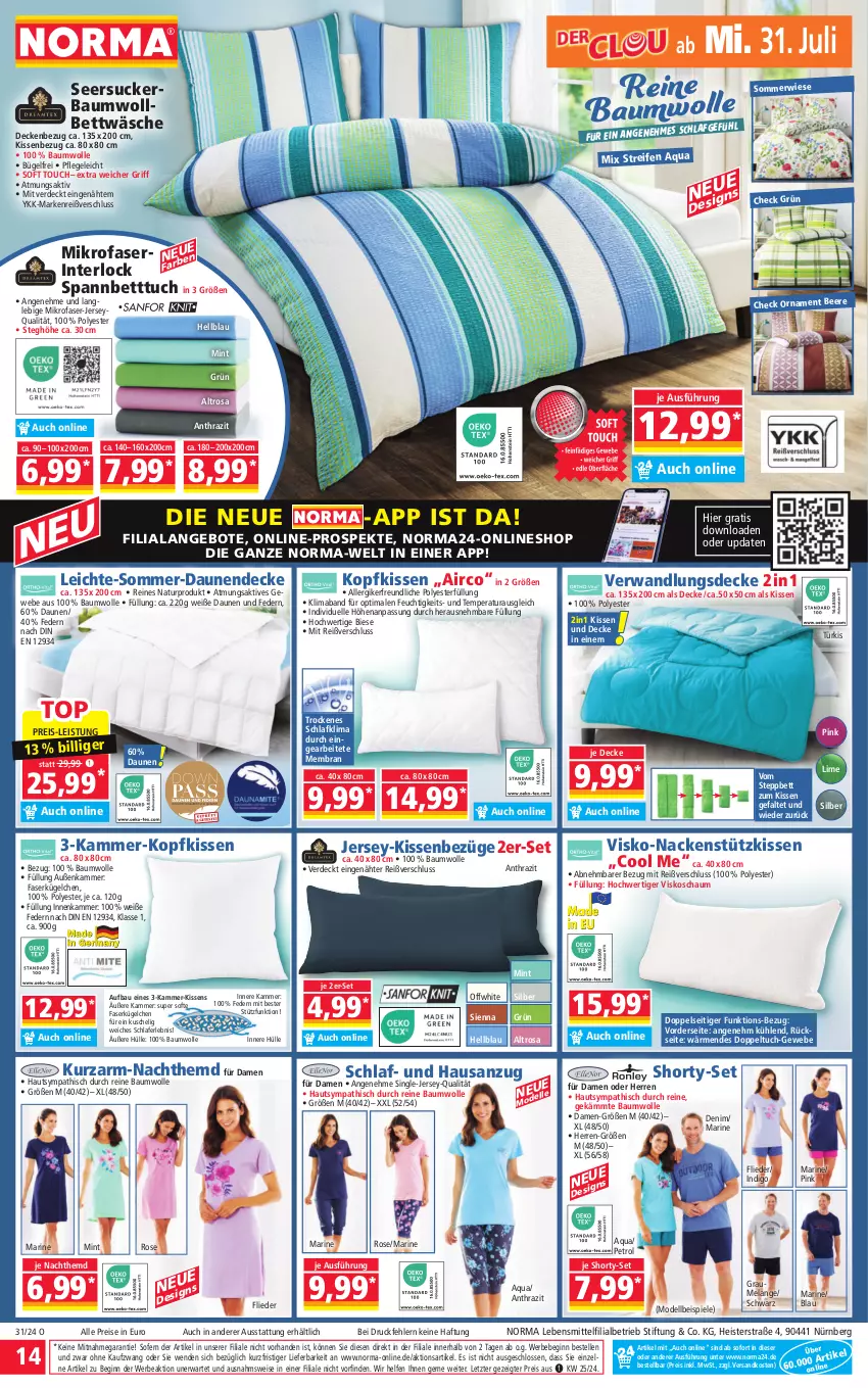 Aktueller Prospekt Norma - Norma - von 29.07 bis 05.08.2024 - strona 14 - produkty: angebot, angebote, Anzug, aqua, Bau, baumwolle, Bebe, beere, bett, Betttuch, bettwäsche, bügel, daunen und federn, decke, dell, eis, Elan, elle, erde, flieder, gin, hemd, kissen, Kissenbezug, kopfkissen, lebensmittel, mab, mikrofaser, mint, Mode, Nachthemd, nackenstützkissen, natur, ndk, reifen, reine baumwolle, reis, seersucker, shorty, spannbetttuch, Spiele, steppbett, Ti, tuc, wolle, ZTE