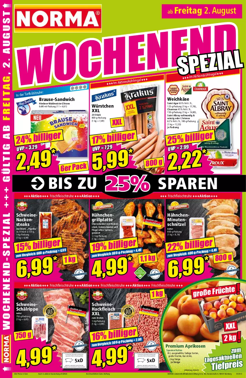 Aktueller Prospekt Norma - Norma - von 29.07 bis 05.08.2024 - strona 16 - produkty: albray, aprikose, aprikosen, braten, brause, chavroux, eis, fleisch, früchte, gewürz, grill, grillplatte, hackfleisch, henkel, himbeer, Käse, latte, lebensmittel, Meister, minutenschnitzel, Nackensteak, nackensteaks, natur, paprika, regal, reis, Saint Agur, saint albray, sandwich, schenkel, schnitzel, schwein, schweine, Schweinehackfleisch, schweinenacken, steak, steaks, Ti, tiefpreis, waldmeister, weichkäse, wein, weine, würstchen, zitrone