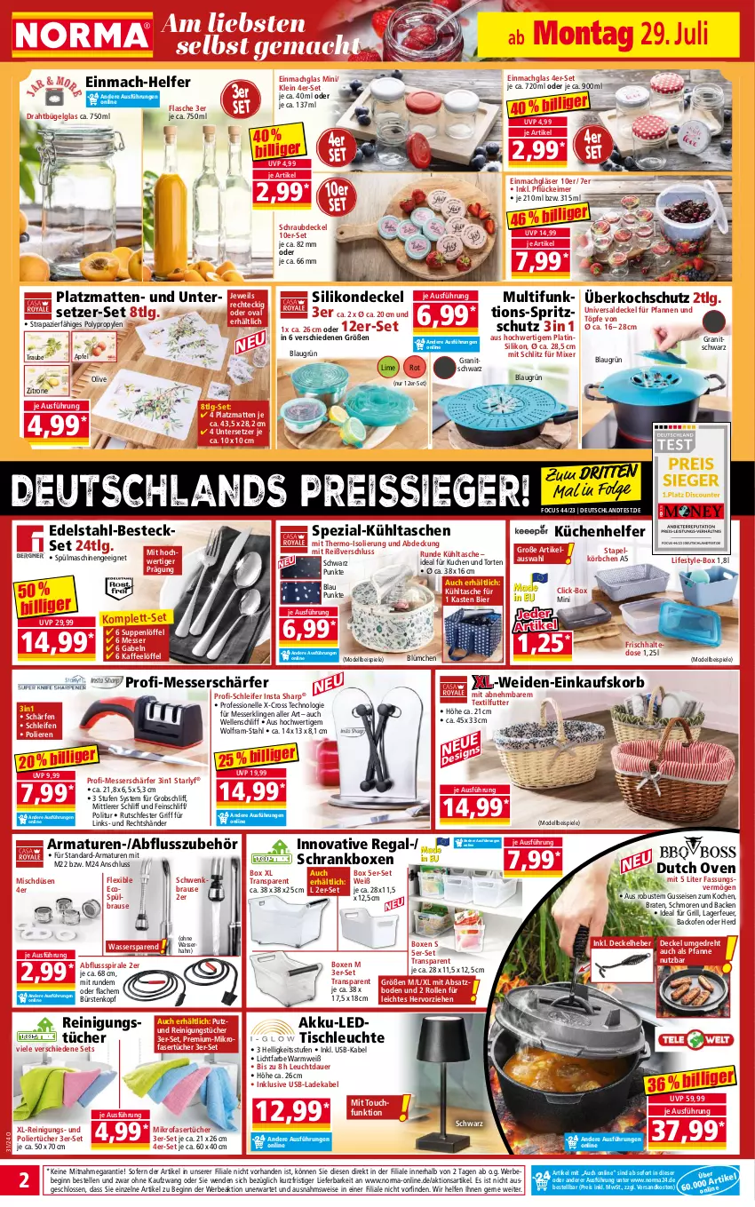 Aktueller Prospekt Norma - Norma - von 29.07 bis 05.08.2024 - strona 2 - produkty: akku, apfel, armatur, armaturen, auer, backofen, Bebe, besteck, besteckset, bier, braten, brause, bügel, bürste, bürsten, decke, Deckel, deka, dell, Draht, edelstahl, Edelstahl-Besteck, eimer, einkaufskorb, einmachglas, eis, elle, flasche, gabel, gin, Gläser, grill, ideal für grill, kaffee, korb, Körbchen, küche, Küchen, kuchen, Küchenhelfer, kühltasche, ladekabel, Leuchte, LG, Löffel, mac, messer, mikrofaser, Mikrofasertücher, Mixer, Mode, ndk, Ofen, olive, pfanne, pfannen, regal, Reinigung, reinigungstücher, reis, reiss, Schrank, Sharp, Spezi, Spiele, spülmaschinen, suppe, suppen, Tasche, taschen, Ti, tisch, tischleuchte, torte, tücher, Untersetzer, usb, wasser, zitrone