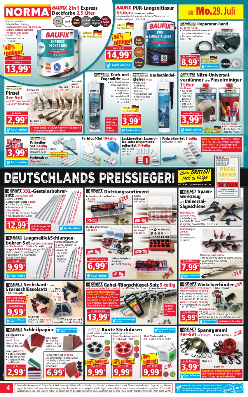 Aktueller Prospekt Norma - Norma - von 29.07 bis 05.08.2024 - strona 4 - produkty: abdeckvlies, asti, auer, Bau, Bebe, Bohrer-Set, braun, Brei, decke, Dispersionsroller, eimer, eis, elle, Farben und Lacke, Farbroller, Farbwalzen, Fassadenroller, gabel, gin, gsw, henkel, Holz, HP, Kamin, kleber, korn, kraft, lack, Lacke, Lackierroller, Lasurroller, leimer, LG, mikrofaser, ndk, Nitro-Universalverdünner, nuss, papier, Pinsel, reiniger, reis, reiss, ring, Roller, rwe, säge, Schal, schlauch, Schleifpapier, schrauben, steckdose, Teleskop, Ti, tisch, topf, topf-set, Universalverdünner, usb, wandhalterung, werkzeug