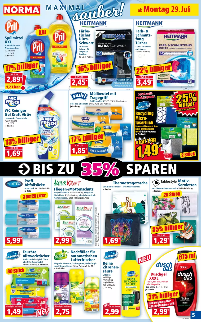 Aktueller Prospekt Norma - Norma - von 29.07 bis 05.08.2024 - strona 5 - produkty: Allzwecktücher, apfel, auto, Bad, beutel, bier, bio, biozidprodukte, citrus, Clin, duschgel, eis, ente, entkalker, fenster, flasche, Garten, grana, granatapfel, kosmetik, kraft, lebensmittel, Liege, lufterfrischer, müllbeutel, pfirsich, Rana, Rauch, reiniger, reiniger gel, reis, rwe, Serviette, servietten, spülmittel, Tasche, Ti, tisch, tragegriff, tragetasche, tuc, tücher, weck, zitrone, zitronen