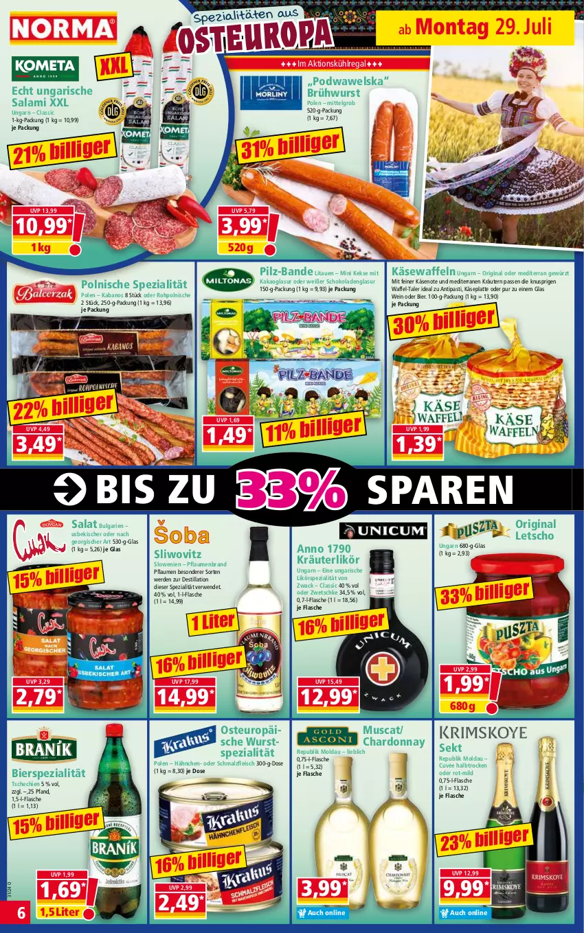 Aktueller Prospekt Norma - Norma - von 29.07 bis 05.08.2024 - strona 6 - produkty: antipasti, asti, bier, Brühwurst, chardonnay, cuvée, eis, erde, flasche, fleisch, gewürz, gin, HP, kabanos, kakao, Käse, keks, kekse, kräuter, kräuterlikör, kräutern, kühlregal, latte, Letscho, LG, likör, malz, muscat, pflaume, pflaumen, regal, rwe, salami, salat, Schmalz, schoko, schokolade, schokoladen, sekt, Spezi, Ti, Ungarische Salami, usb, waffeln, wein, Wels, wurst