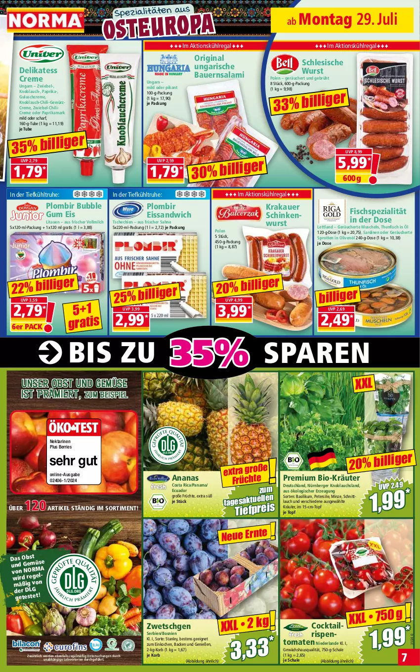 Aktueller Prospekt Norma - Norma - von 29.07 bis 05.08.2024 - strona 7 - produkty: ananas, auer, basilikum, Bau, Bauer, Berger, bio, chili, cocktail, creme, eis, erde, fisch, früchte, Gewächshaus, gewürz, Gewürzcreme, gin, gulasch, Gulaschcreme, in olivenöl, knoblauch, korb, krakauer, kräuter, kühlregal, milch, minze, Muscheln, Nektar, nektarinen, nürnberger, obst, Obst und Gemüse, olive, oliven, olivenöl, paprika, petersilie, regal, reis, rispentomaten, sahne, salami, sandwich, Sardinen, Schal, Schale, schinken, schinkenwurst, schnittlauch, Spezi, Sprotten, thunfisch, Ti, tiefpreis, tomate, tomaten, topf, und gemüse, vollmilch, wurst, zwiebel