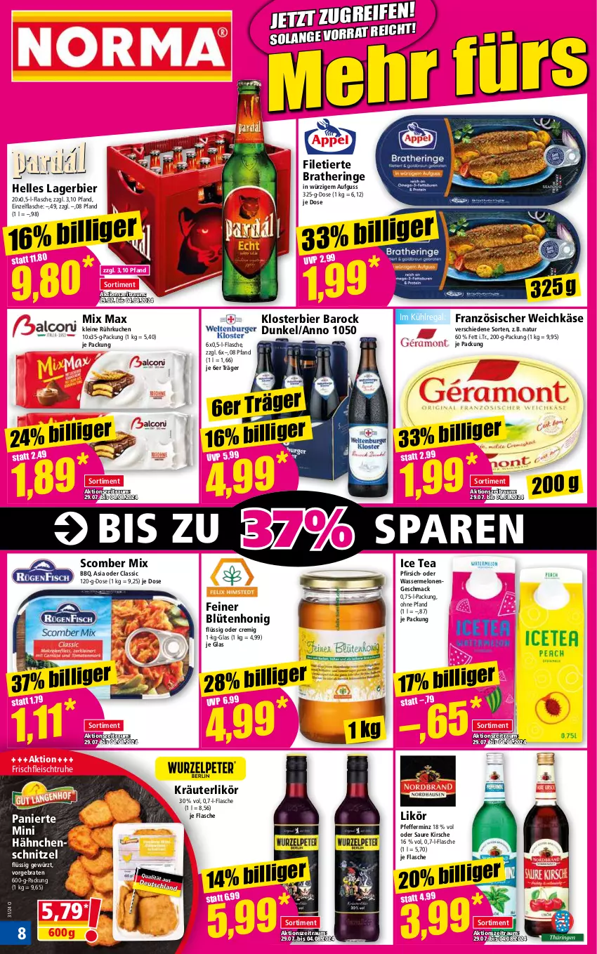 Aktueller Prospekt Norma - Norma - von 29.07 bis 05.08.2024 - strona 8 - produkty: bier, Blüte, blütenhonig, braten, Bratheringe, eis, elle, filet, Filetierte Bratheringe, flasche, fleisch, französischer weichkäse, gewürz, Hähnchenschnitzel, hering, honig, ice tea, Käse, kirsch, kirsche, kräuter, kräuterlikör, kuchen, kühlregal, Lagerbier, leine, likör, mac, melone, melonen, natur, pfeffer, pfirsich, regal, ring, schnitzel, Ti, wasser, wassermelone, wassermelonen, weichkäse