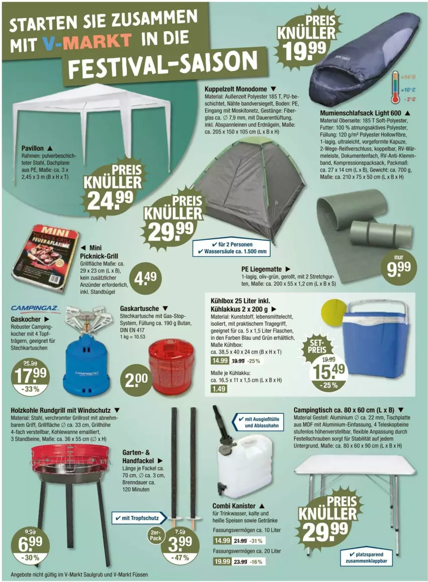 Aktueller Prospekt Vmarkt - Prospekte - von 18.04 bis 24.04.2024 - strona 14 - produkty: akku, angebot, angebote, anzünder, auer, bügel, campingaz, Campingtisch, eis, ente, flasche, Garten, getränk, getränke, grill, grillfläche, grillrost, Holz, holzkohle, HP, Kocher, kühlakku, kühlakkus, kühlbox, Kuppelzelt, latte, lebensmittel, leine, LG, Liege, moskitonetz, Ria, rundgrill, sac, schlafsack, schrauben, Teleskop, Ti, tisch, tischplatte, topf, tragegriff, Wanne, wasser, Windschutz, Zelt