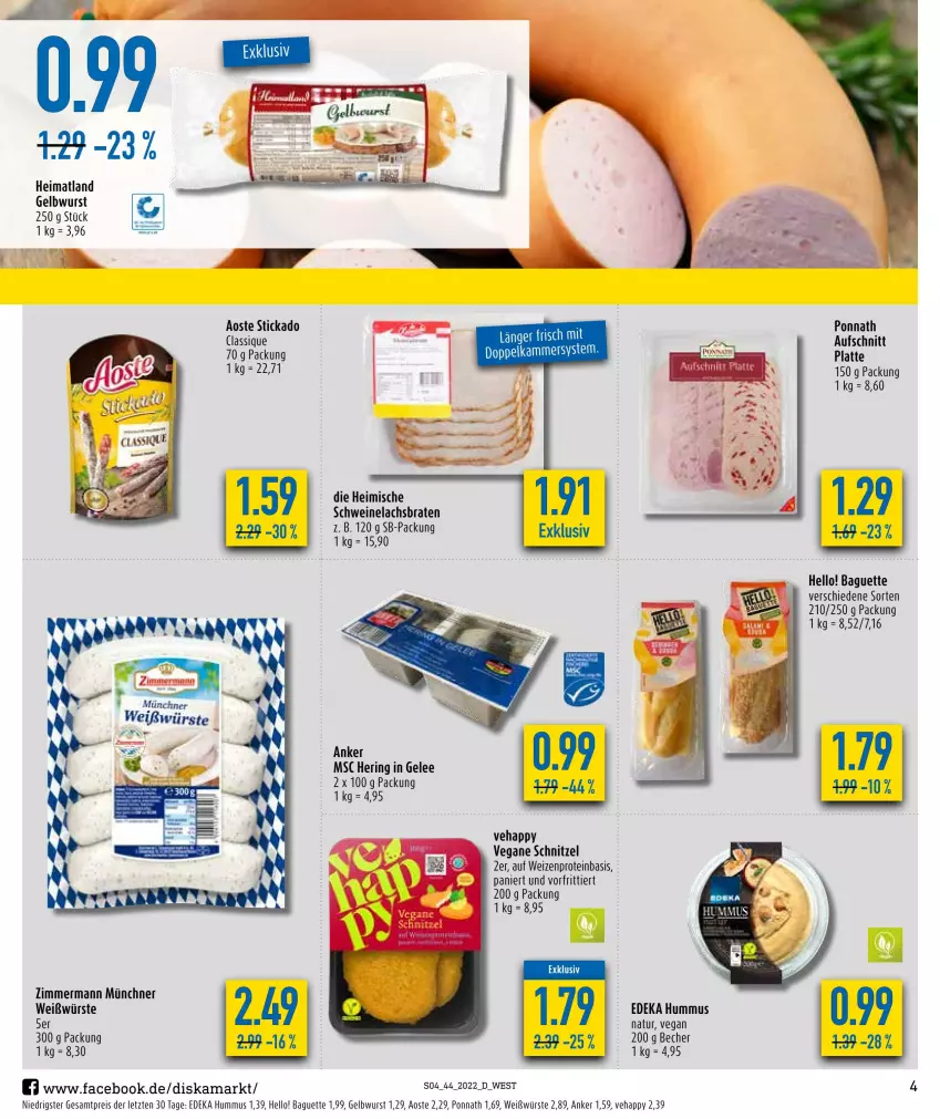 Aktueller Prospekt Diska - Prospekte - von 31.10 bis 05.11.2022 - strona 4 - produkty: aoste stickado, baguette, Becher, braten, deka, eis, gelee, hering, hummus, lachs, Lachsbraten, latte, natur, ponnath, reis, ring, schnitzel, schwein, schweine, Schweinelachs, stickado, Ti, wein, weine, wurst, ZTE