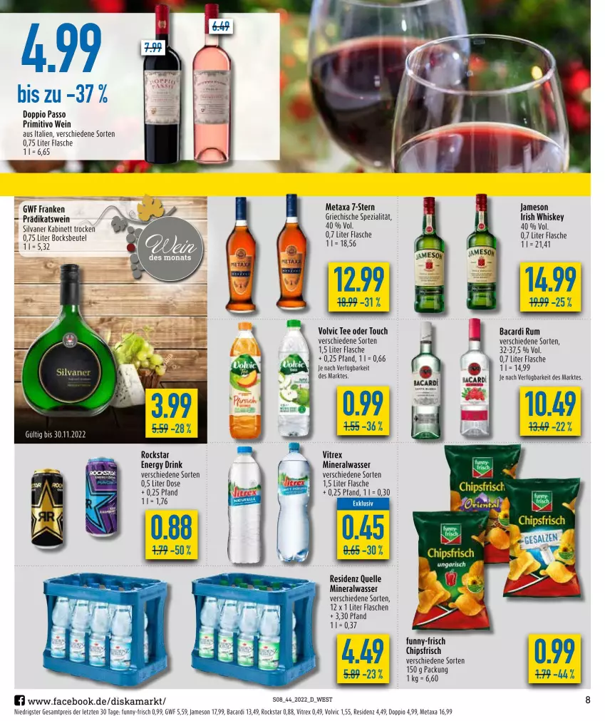 Aktueller Prospekt Diska - Prospekte - von 31.10 bis 05.11.2022 - strona 8 - produkty: Alwa, bacardi, bacardi rum, beutel, chips, chipsfrisch, doppio passo, drink, eis, elle, energy drink, flasche, funny-frisch, irish whiskey, jameson, kabinett, Metaxa, mineralwasser, passo, primitivo, reis, Rockstar, rum, silvaner, Spezi, tee, Ti, vitrex, volvic, wasser, wein, whiskey, ZTE