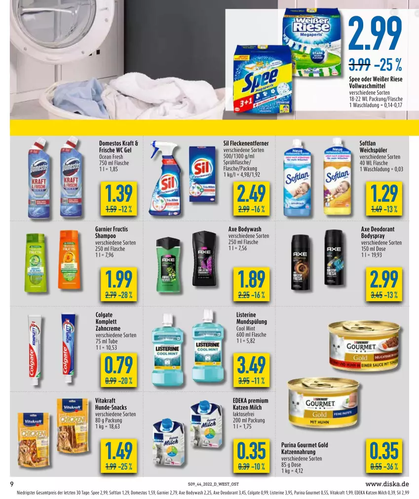 Aktueller Prospekt Diska - Prospekte - von 31.10 bis 05.11.2022 - strona 9 - produkty: axe, body, bodyspray, colgate, creme, deka, deo, deodorant, domestos, eis, flasche, Fleckenentferner, fructis, garnier, gourmet gold, katzennahrung, kraft, LG, listerine, milch, mint, mundspülung, purina, reis, shampoo, snack, snacks, Softlan, spee, sprühflasche, spülung, Ti, vita, vitakraft, vollwaschmittel, waschmittel, weichspüler, zahncreme, ZTE