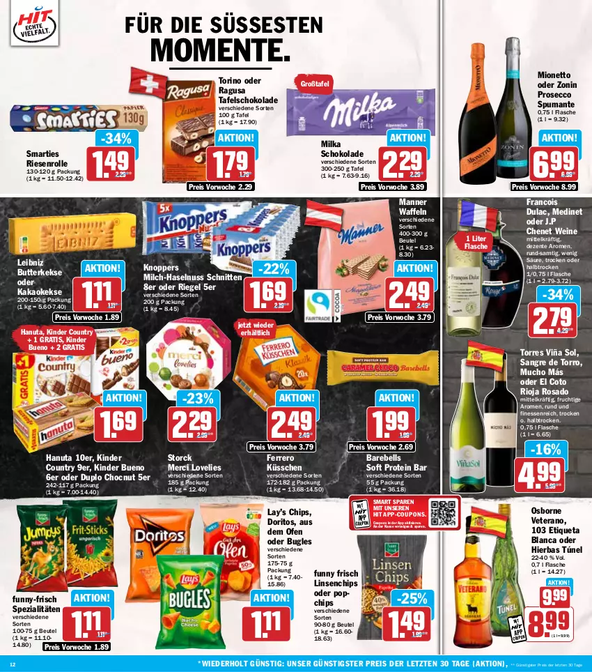 Aktueller Prospekt Hit - Wochenprospekt - von 14.10 bis 19.10.2024 - strona 12 - produkty: beutel, bugles, butter, butterkeks, chips, coupon, coupons, Doritos, duplo, ecco, eis, ente, Etiqueta Blanca, ferrero, Ferrero Küsschen, finesse, flasche, frucht, Funny Frisch, funny-frisch, hanuta, haselnuss, kakao, keks, kekse, Kinder, kinder bueno, kinder country, knoppers, leibniz, linsen, Manner, medinet, merci, milch, milka, milka schokolade, mionetto, nuss, Ofen, osborne, prosecco, puma, rebell, reis, riegel, rioja, schnitten, schoko, schokolade, smarties, Spezi, spumante, storck, tafelschokolade, Ti, veterano, waffeln, wein, weine, zonin, ZTE