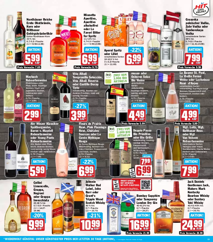 Aktueller Prospekt Hit - Wochenprospekt - von 14.10 bis 19.10.2024 - strona 13 - produkty: alkohol, aperol, asti, Bad, Bau, bio, bombay sapphire, bourbon, burgunder, chia, coupon, coupons, cuvée, dell, doppio passo, dry gin, eis, ente, finesse, flasche, frucht, früchte, früchten, gin, Grant‘s, grappa, grill, grillo, jack daniel, jack daniels, John Barr, johnnie walker, korn, kräuter, kräuterlikör, leitz, likör, lillet, limo, london dry, london dry gin, maybach, mionetto, obst, olaz, osborne, passo, primitivo, rebsortenweine, reis, rouge, sapphire, scotch, scotch whisky, spätburgunder, Tanqueray, tempranillo, Ti, tuc, vodka, wein, weine, whisky, wilthener, Yo, ZTE