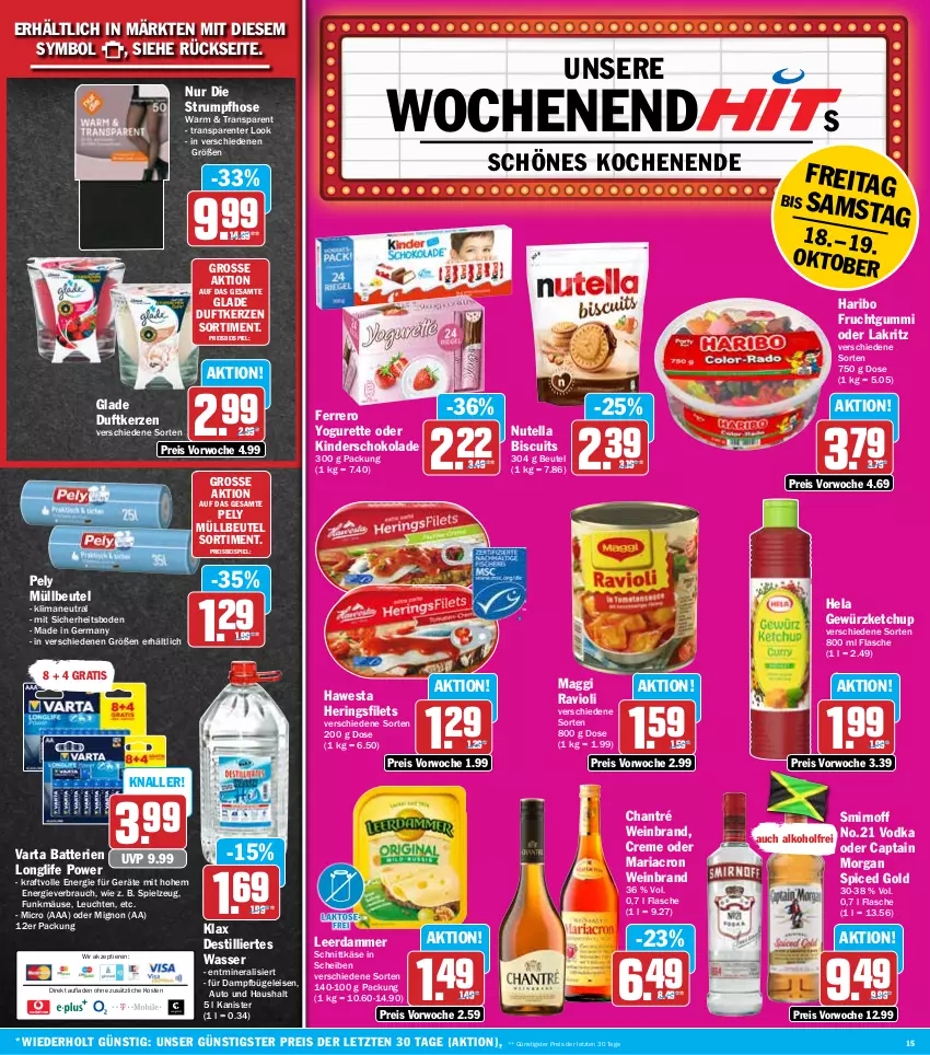 Aktueller Prospekt Hit - Wochenprospekt - von 14.10 bis 19.10.2024 - strona 15 - produkty: alkohol, auto, batterie, batterien, beutel, bügel, Bügeleisen, Cap, captain morgan, chantré, creme, dampfbügeleisen, Duftkerze, eis, ente, ferrero, filet, filets, flasche, frucht, fruchtgummi, Germ, gewürz, gewürzketchup, Glade, haribo, hawesta, Hela, hering, Herings, heringsfilets, hose, Käse, kerze, ketchup, Kinder, kraft, Lakritz, leerdammer, Leuchte, leuchten, longlife, maggi, mariacron, müllbeutel, nutella, oder lakritz, pely, Rauch, ravioli, reis, Ria, ring, rum, schnittkäse, schoko, schokolade, smirnoff, spielzeug, Strumpfhose, Ti, Tiere, varta, vodka, wasser, wein, weinbrand, Yo, yogurette, ZTE