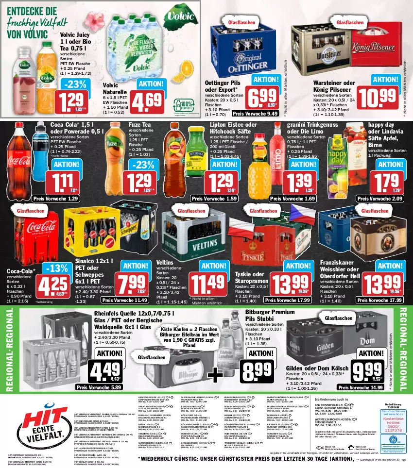 Aktueller Prospekt Hit - Wochenprospekt - von 14.10 bis 19.10.2024 - strona 16 - produkty: angebot, angebote, apfel, auer, Bad, bier, bio, bitburger, braun, burger, coca-cola, cola, eimer, eis, eistee, elle, Engel, fisch, flasche, franziskaner, fuze tea, glasflasche, granini, Happy Day, könig pilsener, limo, lipton, Lübecker, natur, nuss, oettinger, pils, pilsener, premium pils, Rauch, reis, rel, rheinfels quelle, säfte, schweppes, sinalco, Staropramen, steiner, tee, Ti, tyskie, uhr, veltins, volvic, Waldquelle, warsteiner, weissbier, ZTE