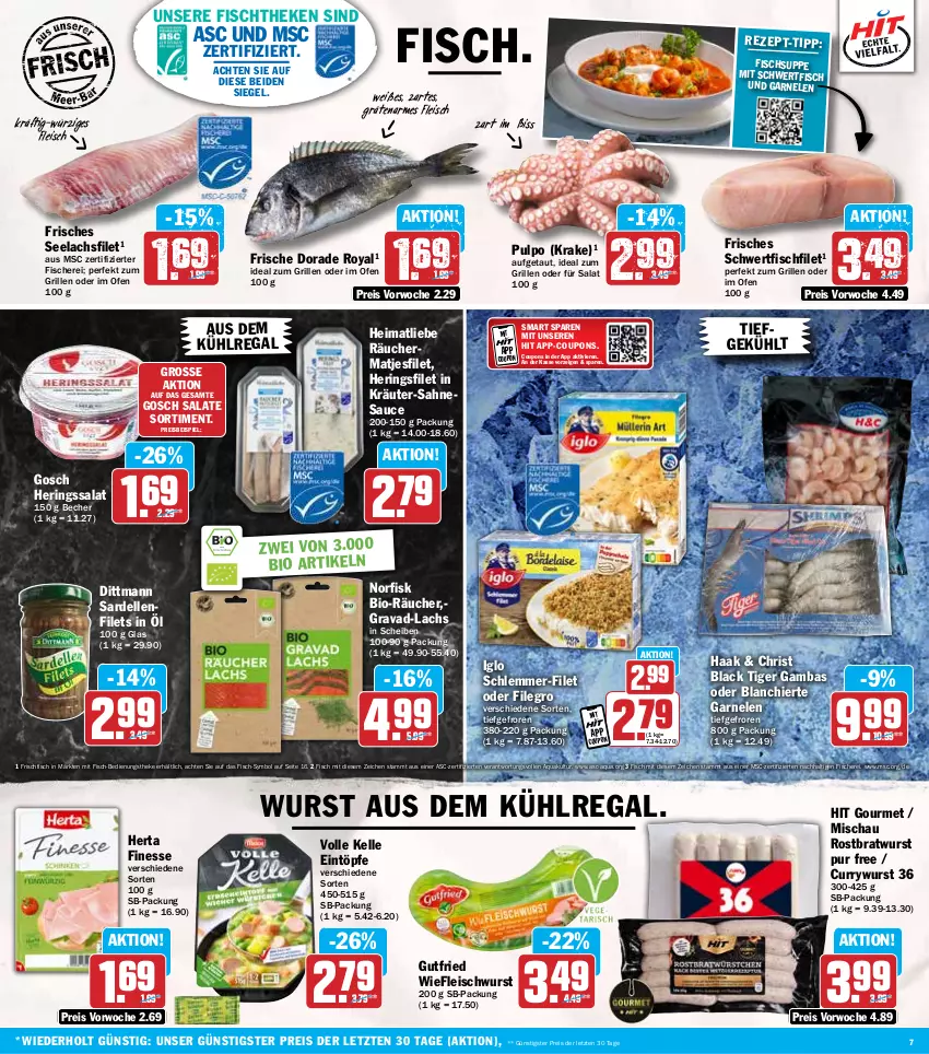 Aktueller Prospekt Hit - Wochenprospekt - von 14.10 bis 19.10.2024 - strona 7 - produkty: aqua, aus dem kühlregal, Becher, bio, bratwurst, coupon, coupons, curry, currywurst, dell, dittmann, Dorade, dorade royal, eintöpfe, eis, elle, filegro, filet, filets, finesse, fisch, fische, Fischer, Fischsuppe, fischtheke, fleisch, fleischwurst, frischfisch, garnelen, grill, gutfried, hering, Herings, herta, herta finesse, ideal zum grillen, iglo, kräuter, kühlregal, lachs, lachsfilet, lack, matjes, Matjesfilet, Ofen, regal, reis, ring, rostbratwurst, sahne, salat, salate, Sardellen, sauce, Schere, schlemmer-filet, seelachsfilet, suppe, Ti, wurst, ZTE