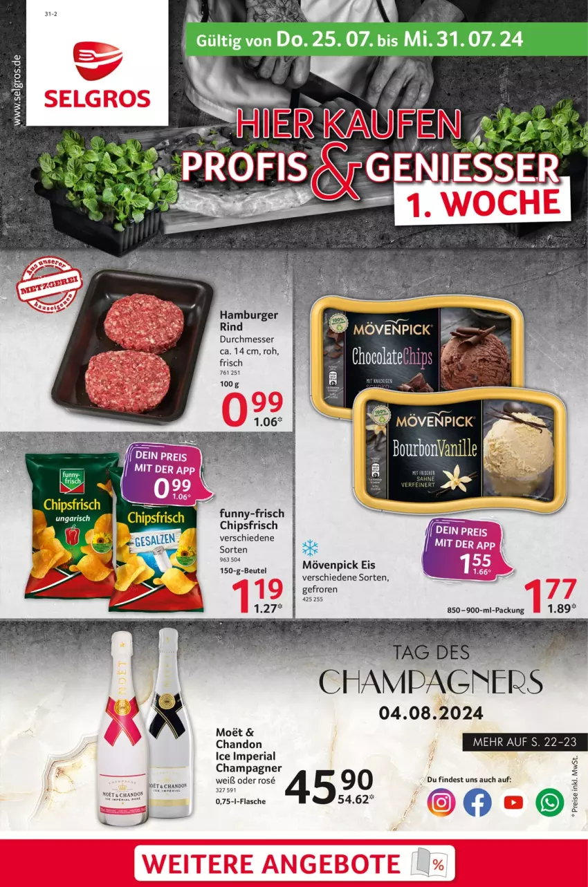 Aktueller Prospekt Selgros - Food - von 25.07 bis 31.07.2024 - strona 1 - produkty: beutel, burger, champagne, champagner, chips, chipsfrisch, eis, flasche, funny-frisch, hamburger, LG, messer, moet, mövenpick, mövenpick eis, reis, Ria, rind