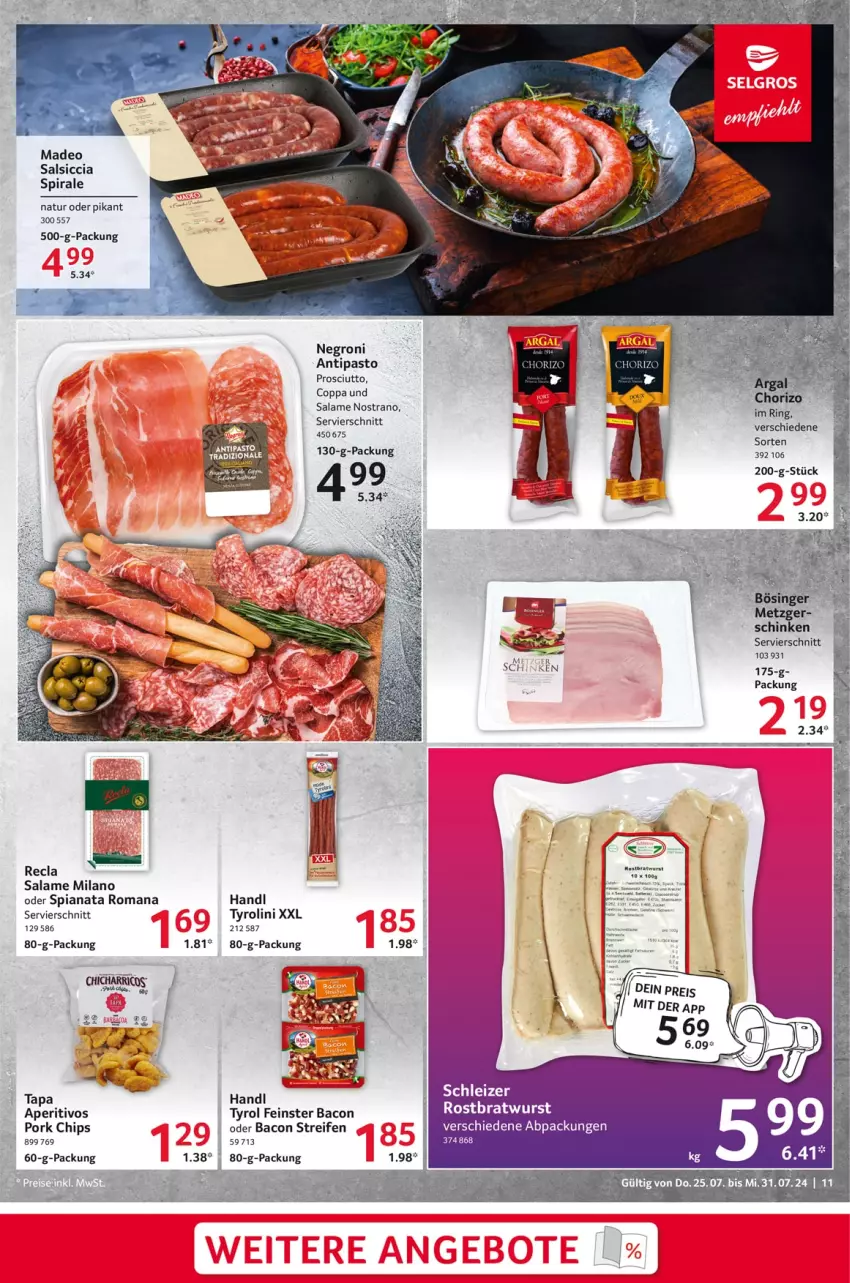 Aktueller Prospekt Selgros - Food - von 25.07 bis 31.07.2024 - strona 11 - produkty: bacon, bratwurst, chips, deo, elle, natur, prosciutto, reifen, ring, rostbratwurst, salsiccia, schinken, Ti, wurst