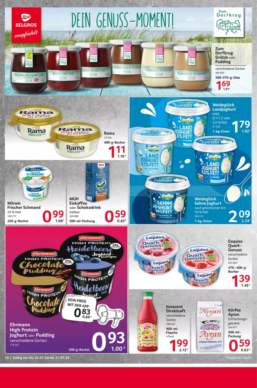 Aktueller Prospekt Selgros - Food - von 25.07 bis 31.07.2024 - strona 14 - produkty: Ayran, ball, Becher, direktsaft, drink, ehrmann, eier, eimer, eis, eiskaffee, ente, exquisa, getränk, gin, grütze, Innocent, joghur, joghurt, kaffee, landjoghurt, milram, nuss, pudding, quark, rama, saft, sahne, sahne joghurt, schmand, schoko