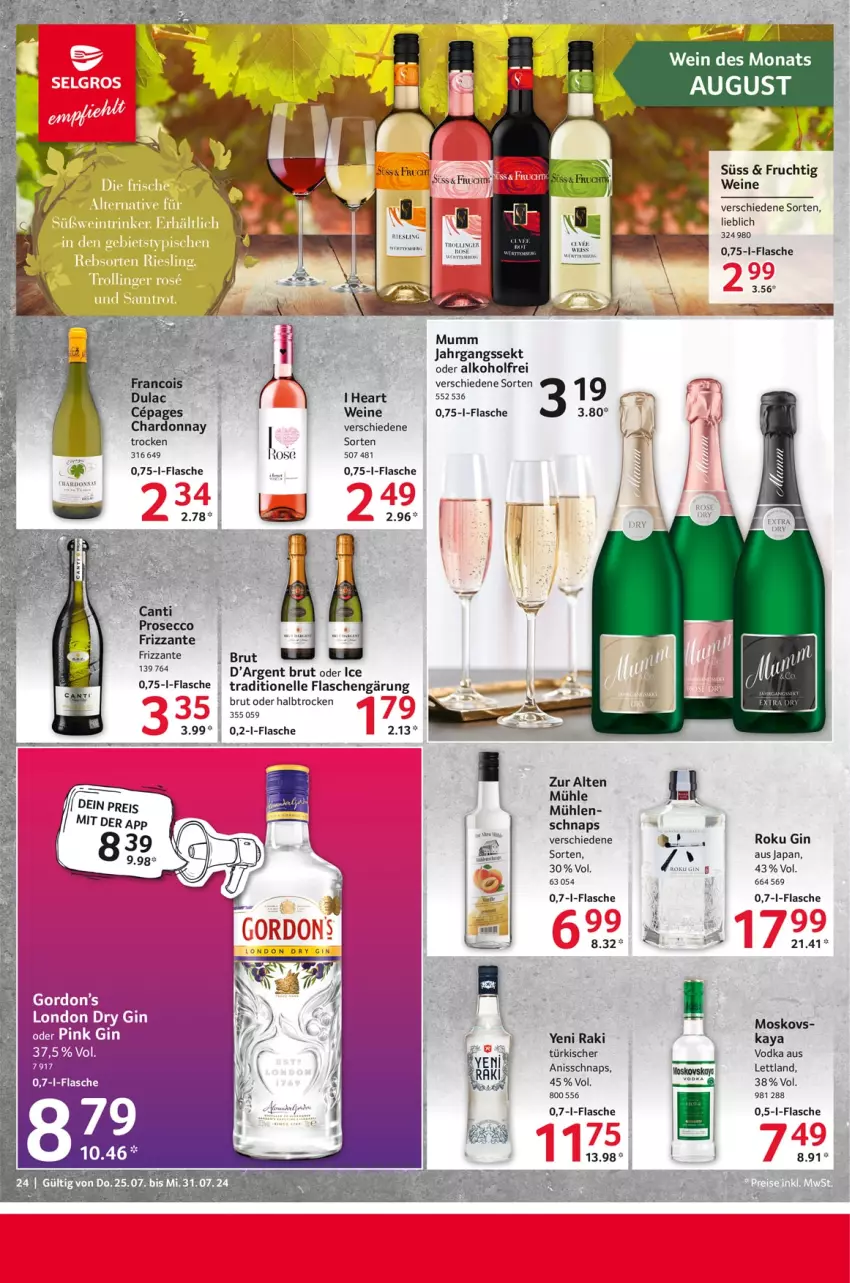 Aktueller Prospekt Selgros - Food - von 25.07 bis 31.07.2024 - strona 24 - produkty: alkohol, brut, dry gin, ecco, elle, flasche, frizzante, frucht, gin, gordon, Gordon’s, jahrgangssekt, mumm, prosecco, riesling, sekt, Ti, vodka, wein, weine, yeni raki