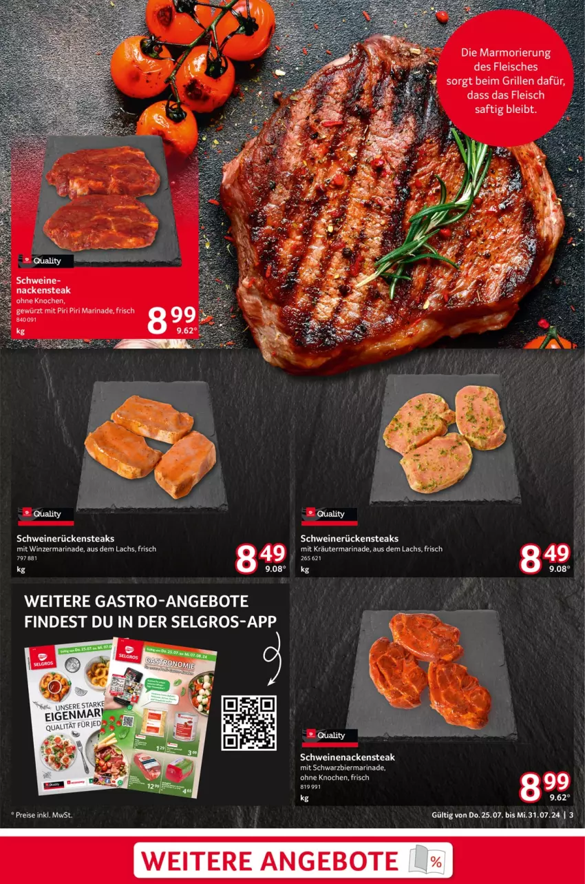 Aktueller Prospekt Selgros - Food - von 25.07 bis 31.07.2024 - strona 3 - produkty: angebot, angebote, bier, eis, fleisch, gewürz, grill, kräuter, lachs, LG, marinade, Nackensteak, reis, Rückensteak, rückensteaks, saft, schwein, schweine, schweinenacken, schweinerücken, steak, steaks, Ti, wein, weine