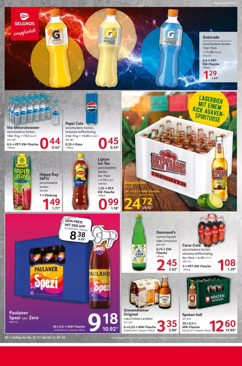 Aktueller Prospekt Selgros - Food - von 25.07 bis 31.07.2024 - strona 30 - produkty: Alwa, bier, coca-cola, cola, eis, flasche, gin, grevensteiner, Happy Day, ice tea, lipton, mineralwasser, mw-flasche, natur, pepsi, Pepsi Cola, reis, säfte, Spaten, Spezi, steiner, Ti, wasser