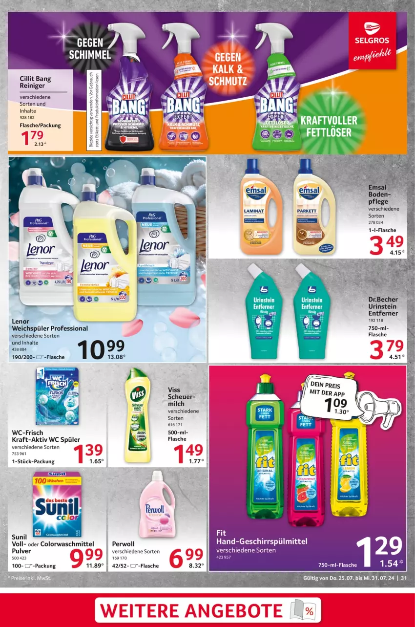 Aktueller Prospekt Selgros - Food - von 25.07 bis 31.07.2024 - strona 31 - produkty: angebot, angebote, Becher, Cillit, cillit bang, Dr.Becher, emsa, flasche, geschirr, geschirrspülmittel, Heu, kraft, laminat, lenor, LG, milch, perwoll, reiniger, spülmittel, sunil, Ti, weichspüler