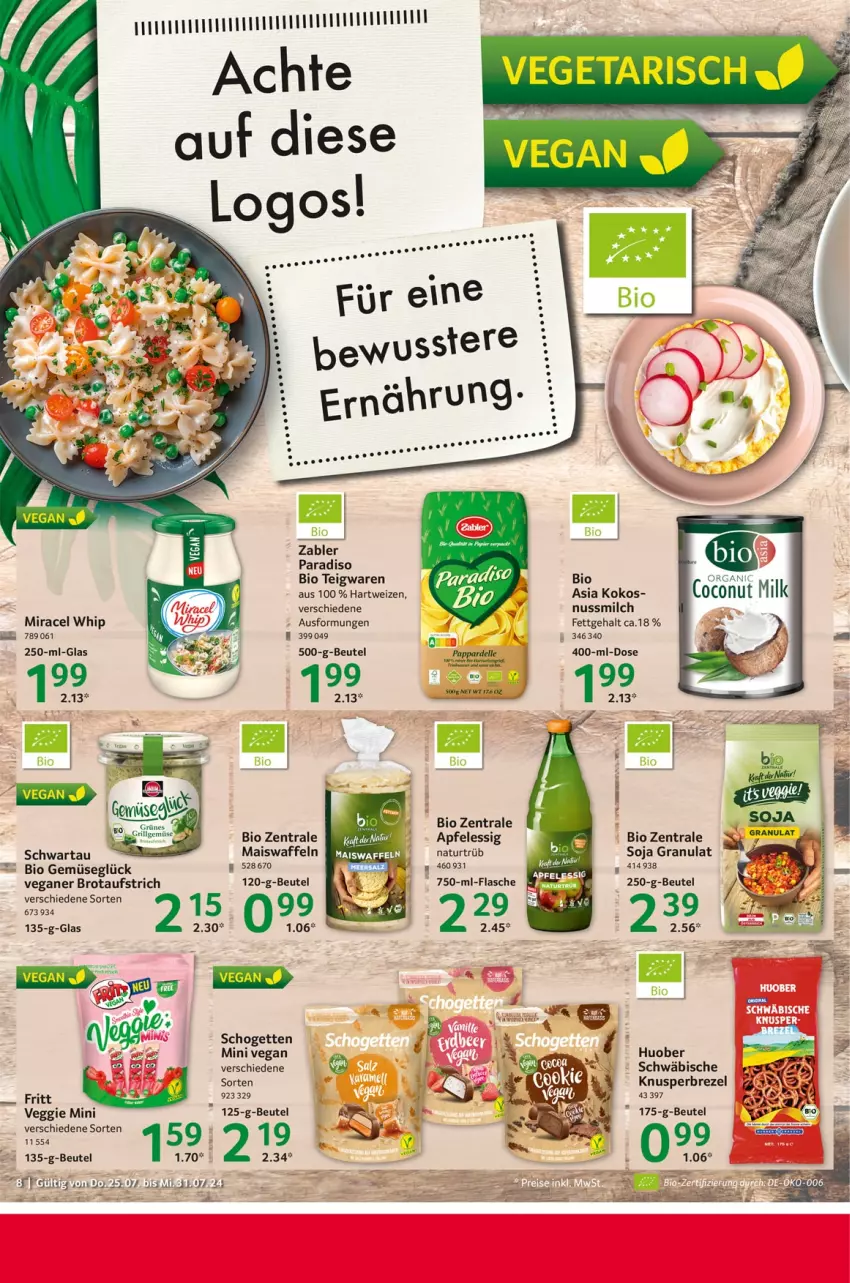 Aktueller Prospekt Selgros - Food - von 25.07 bis 31.07.2024 - strona 8 - produkty: apfel, apfelessig, aufstrich, beutel, bio, bio gemüse, brezel, brot, brotaufstrich, essig, flasche, huober, kokos, mais, Maiswaffeln, milch, miracel, miracel whip, natur, nuss, schogetten, Schwartau, soja, teigwaren, veggie, waffeln, Zabler