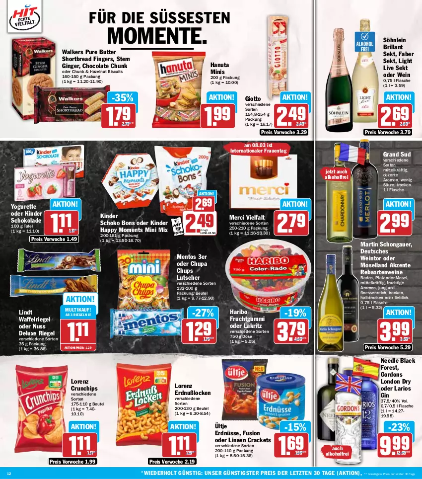 Aktueller Prospekt Hit - Wochenprospekt - von 03.03 bis 08.03.2025 - strona 12 - produkty: aktionspreis, alkohol, auer, Bad, beutel, black forest, brillant sekt, butter, chips, chupa, chupa chups, cola, crunchips, eis, ente, erdnüsse, finesse, flasche, frucht, fruchtgummi, gin, ginger, giotto, gordon, gordons, grand sud, hanuta, haribo, Kinder, kinder schokolade, lack, Lakritz, lindt, linsen, london dry, lorenz, lorenz crunchips, Lutscher, mentos, merci, moselland, nuss, oder lakritz, rebsortenweine, reis, riegel, schoko, schokolade, sekt, söhnlein, söhnlein brillant, Ti, ültje, ültje erdnüsse, wein, weine, Yo, yogurette, ZTE