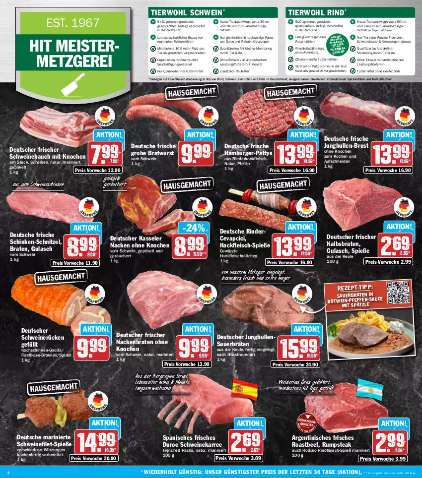 Aktueller Prospekt Hit - Wochenprospekt - von 03.03 bis 08.03.2025 - strona 4 - produkty: auer, Bau, Bauer, beef, bio, braten, bratwurst, brokkoli, burger, cevapcici, eis, ente, filet, fisch, fleisch, Geflügel, gewürz, gouda, grobe bratwurst, gulasch, hackfleisch, hamburger, jungbullen, Käse, kasseler, kochschinken, küche, Küchen, Meister, monitor, natur, pfeffer, pute, reis, Ria, rind, rinder, rinderhackfleisch, rindfleisch, ring, roastbeef, rotwein, rum, rumpsteak, schinken, schnitzel, schwein, schweine, Schweinebauch, schweinefilet, schweinerücken, Spezi, spinat, Sport, steak, Ti, Tiere, tisch, wein, weine, wurst, ZTE