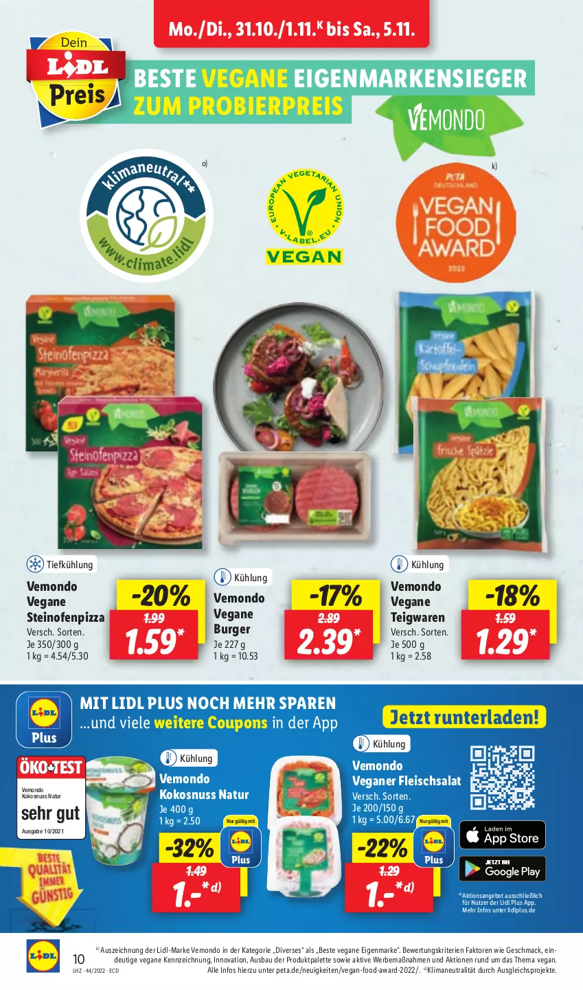 Aktueller Prospekt Lidl - Aktionsprospekt - von 31.10 bis 05.11.2022 - strona 10 - produkty: angebot, Bau, bier, burger, coupon, coupons, eis, fleisch, fleischsalat, kokos, kokosnuss, mac, natur, nuss, Ofen, Palette, pizza, reis, salat, steinofen, teigwaren, Ti, usb