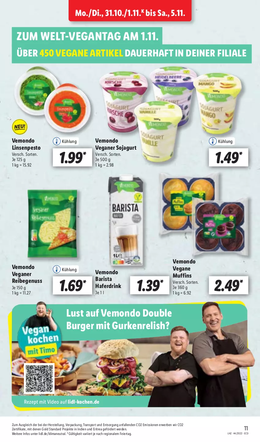 Aktueller Prospekt Lidl - Aktionsprospekt - von 31.10 bis 05.11.2022 - strona 11 - produkty: auer, burger, deo, drink, eier, erde, gurke, gurken, hafer, Haferdrink, linsen, Muffin, muffins, nuss, pesto, rel, rezept, rwe, soja, Sport, Ti